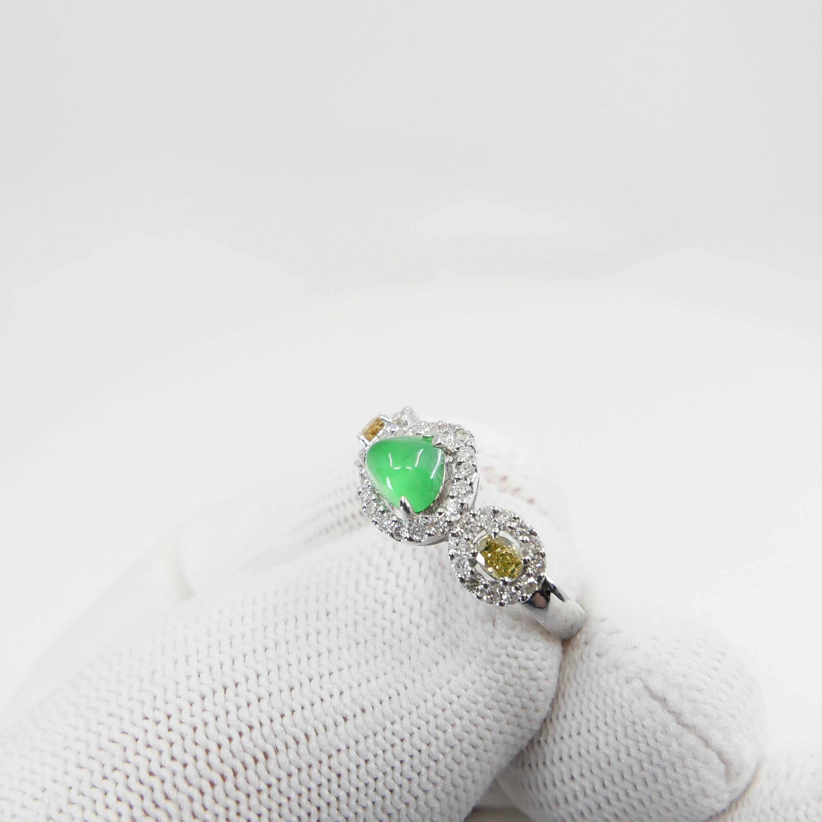 Rough Cut Certified Jade & Fancy Yellow Diamond Cocktail Ring, Glowing Apple Green Jade For Sale