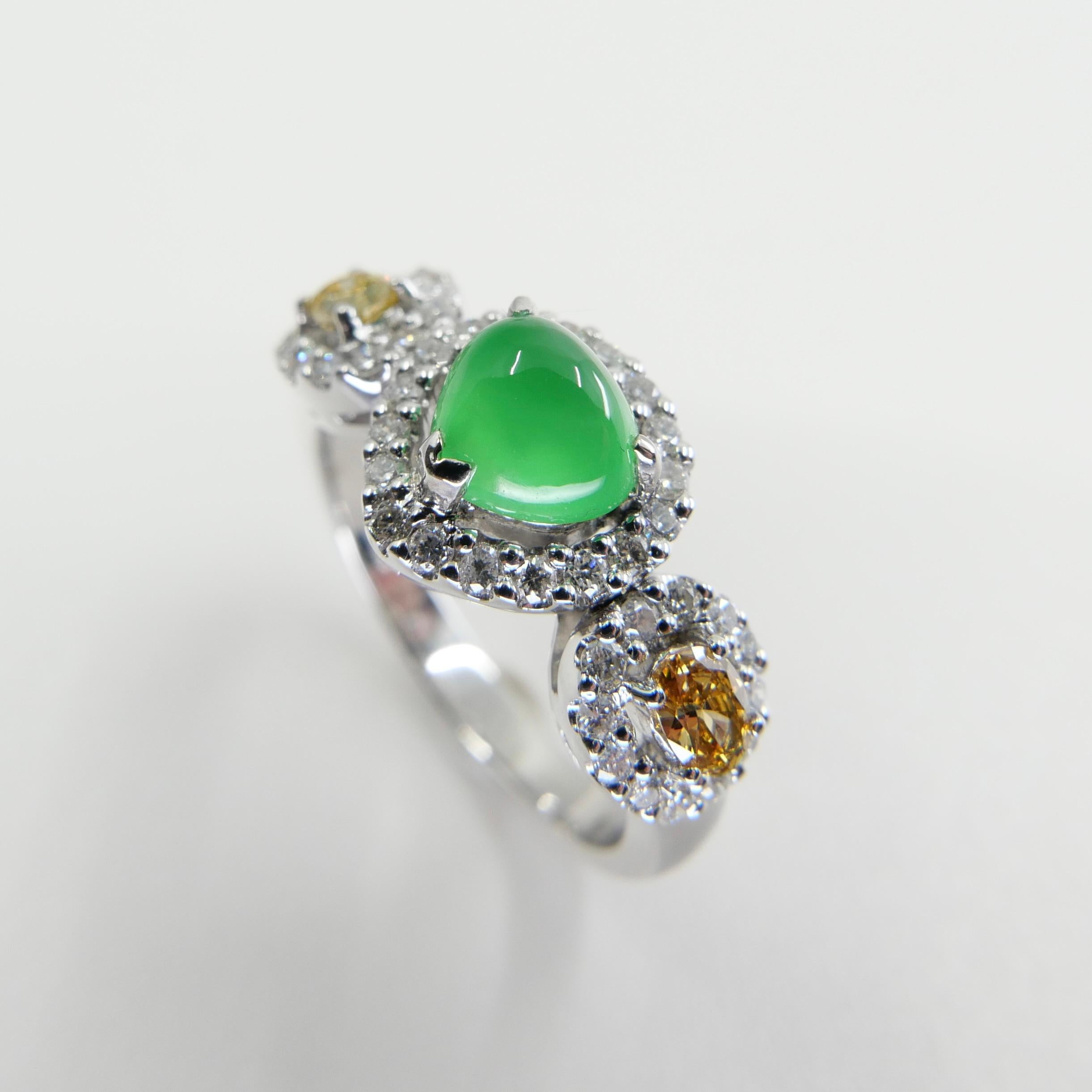 Certified Jade & Fancy Yellow Diamond Cocktail Ring, Glowing Apple Green Jade For Sale 1