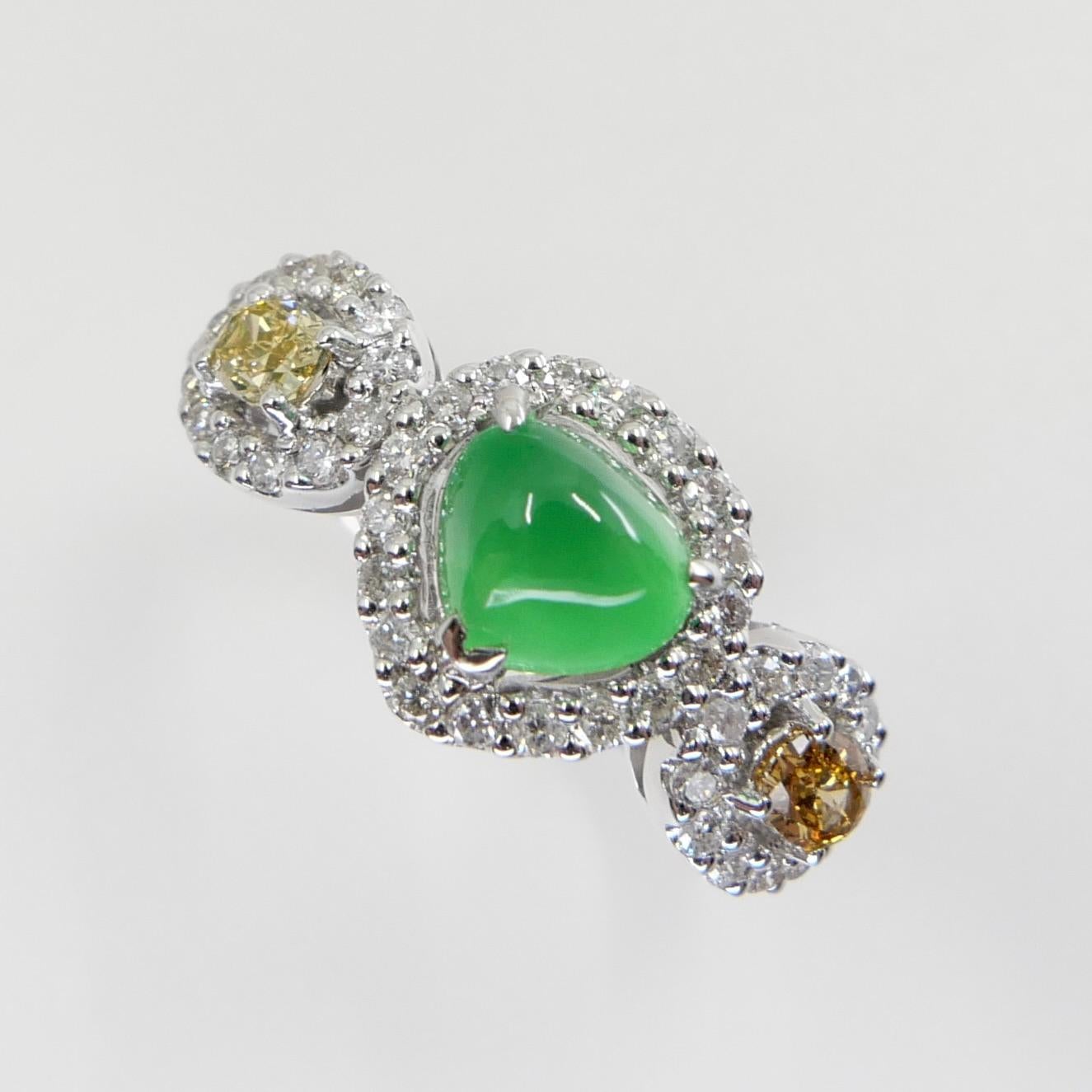 Certified Jade & Fancy Yellow Diamond Cocktail Ring, Glowing Apple Green Jade For Sale 3