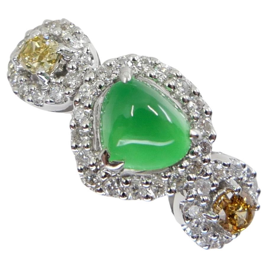 Certified Jade & Fancy Yellow Diamond Cocktail Ring, Glowing Apple Green Jade For Sale