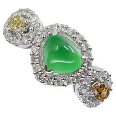 Certified Jade & Fancy Yellow Diamond Cocktail Ring, Glowing Apple Green Jade
