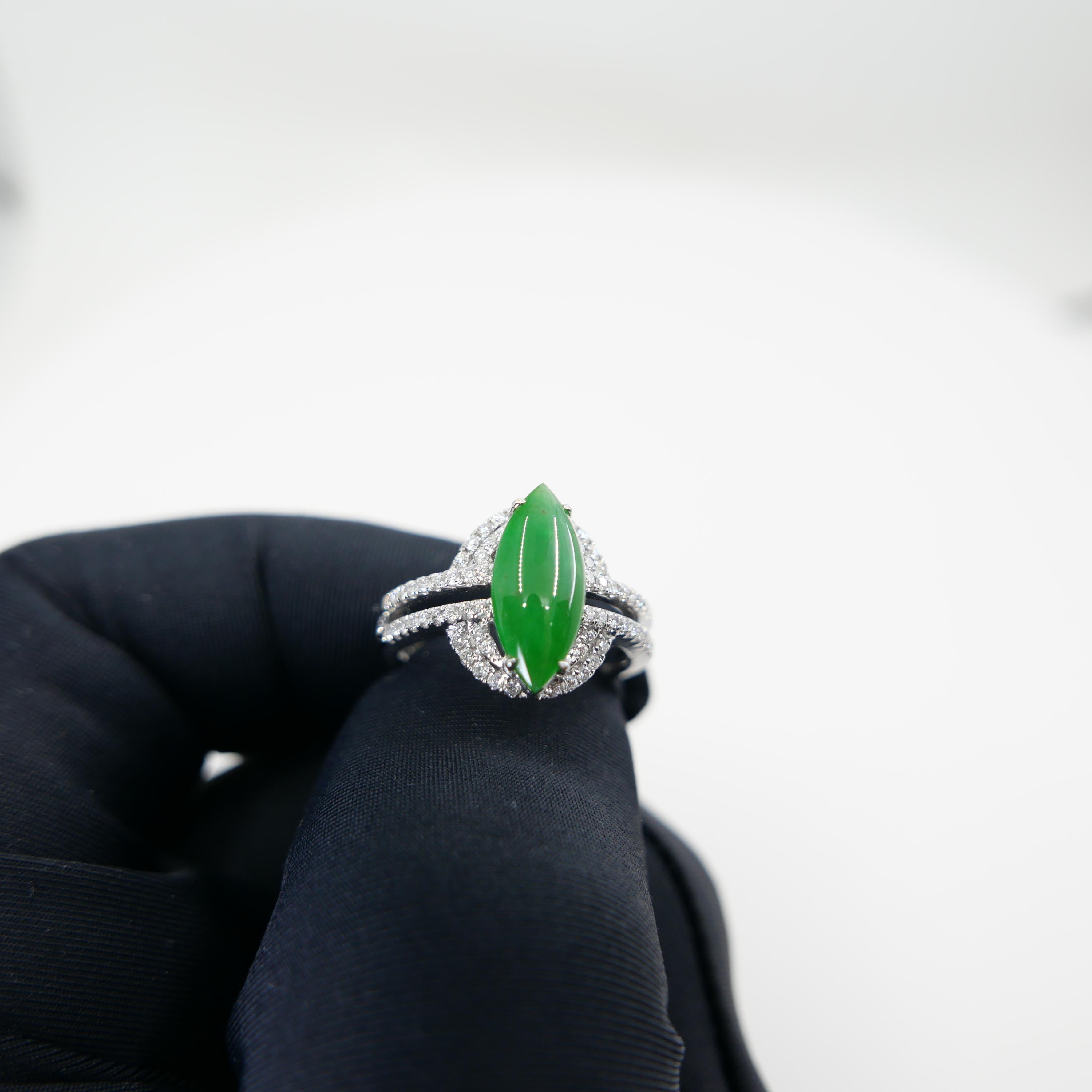 Women's Certified Jade & Natural Diamond Cocktail Ring. Bright Apple Green. For Sale