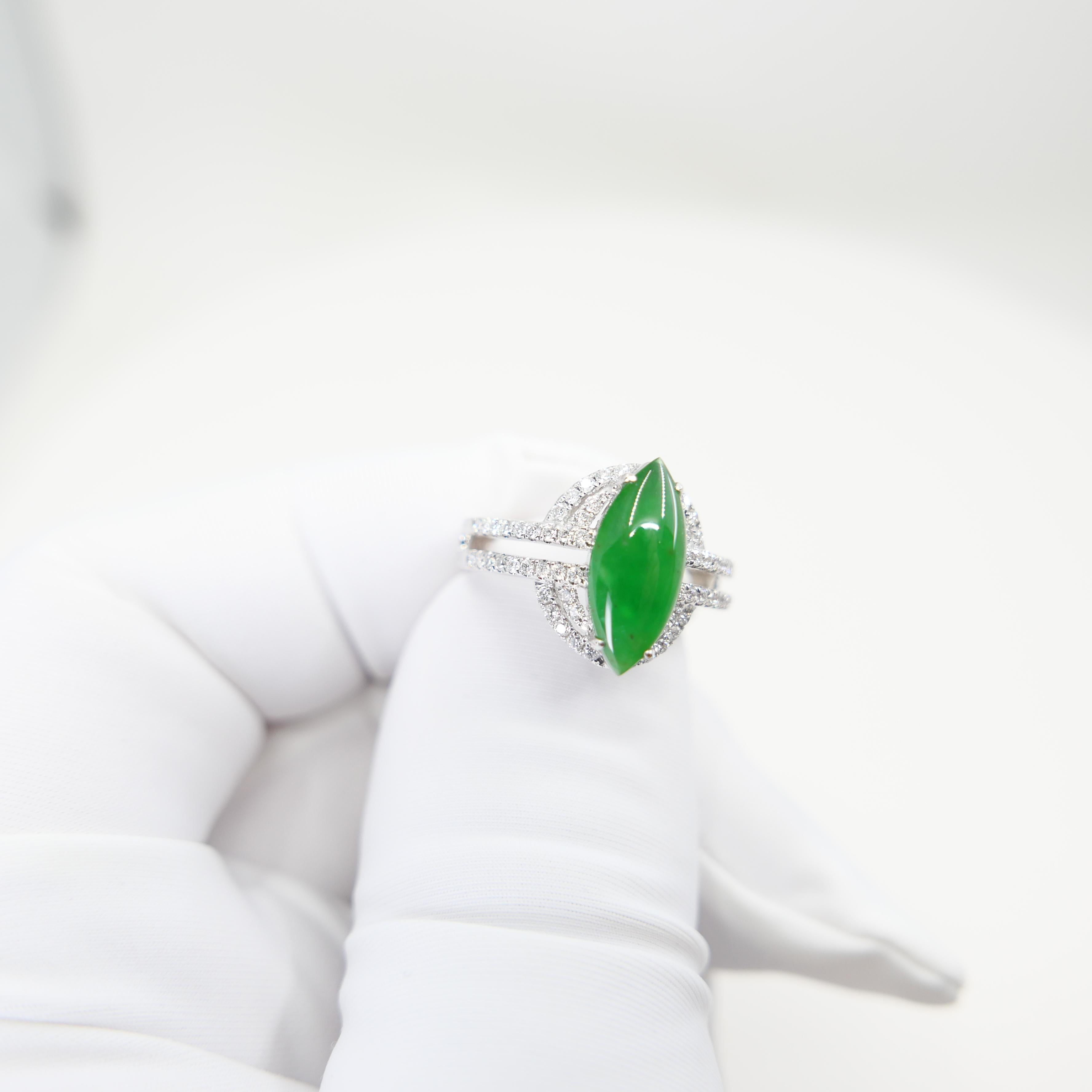 Certified Jade & Natural Diamond Cocktail Ring. Bright Apple Green. For Sale 3