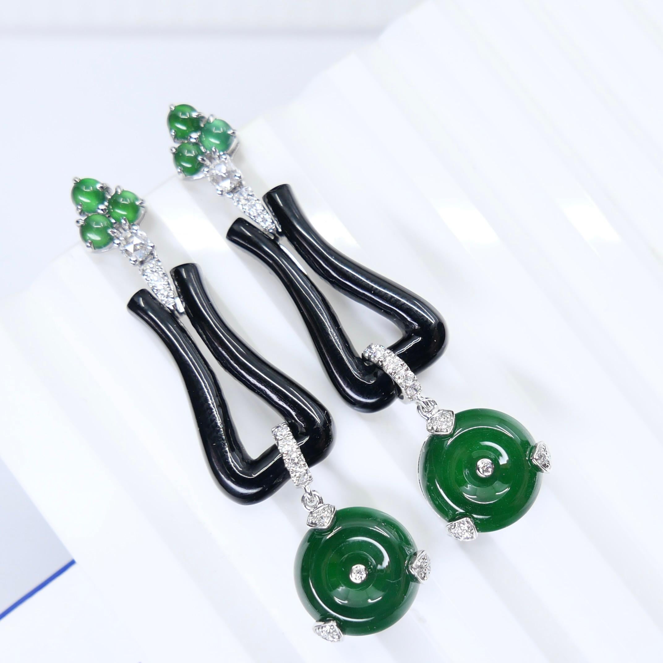 Certified Jade, Onyx & Rose Cut Diamond Drop Earrings. Imperial Green Color For Sale 5