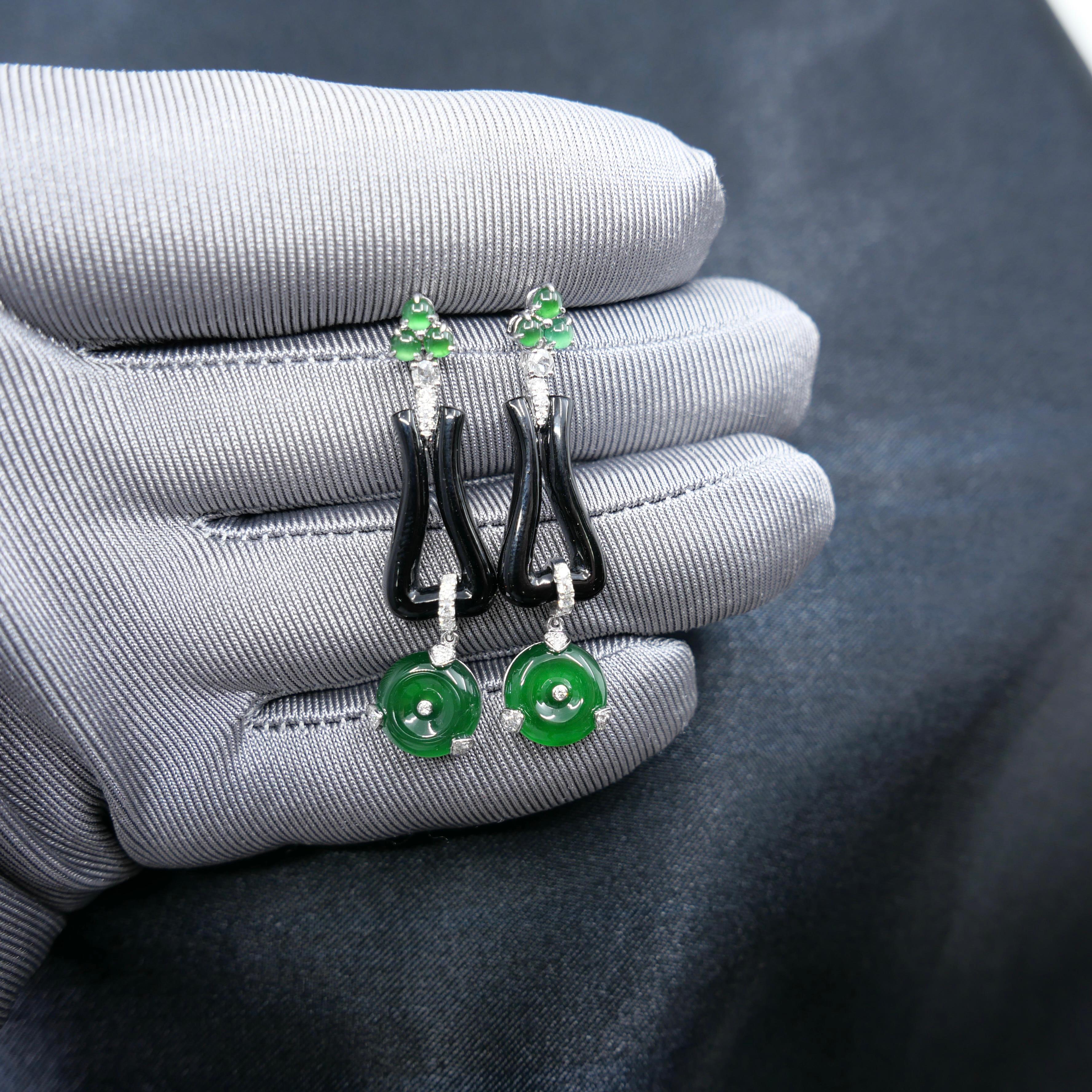 Certified Jade, Onyx & Rose Cut Diamond Drop Earrings. Imperial Green Color For Sale 6
