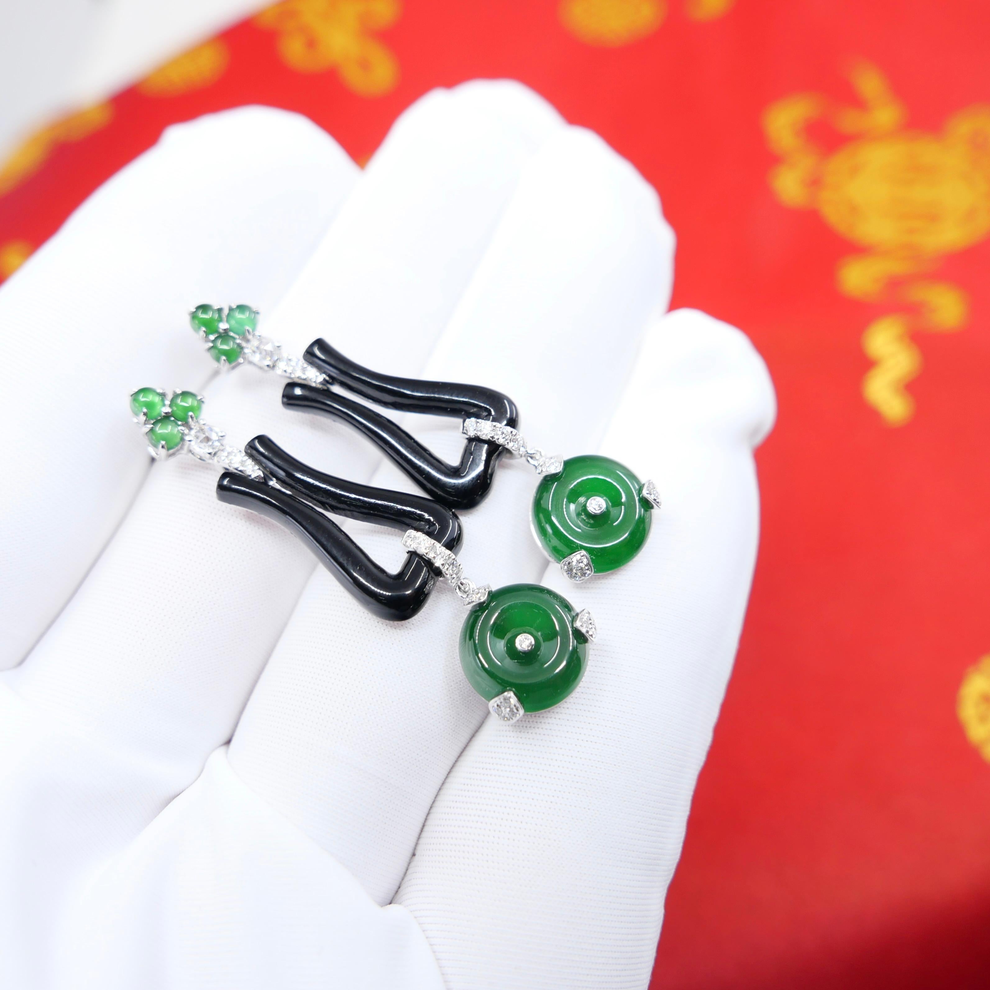 Certified Jade, Onyx & Rose Cut Diamond Drop Earrings. Imperial Green Color For Sale 7