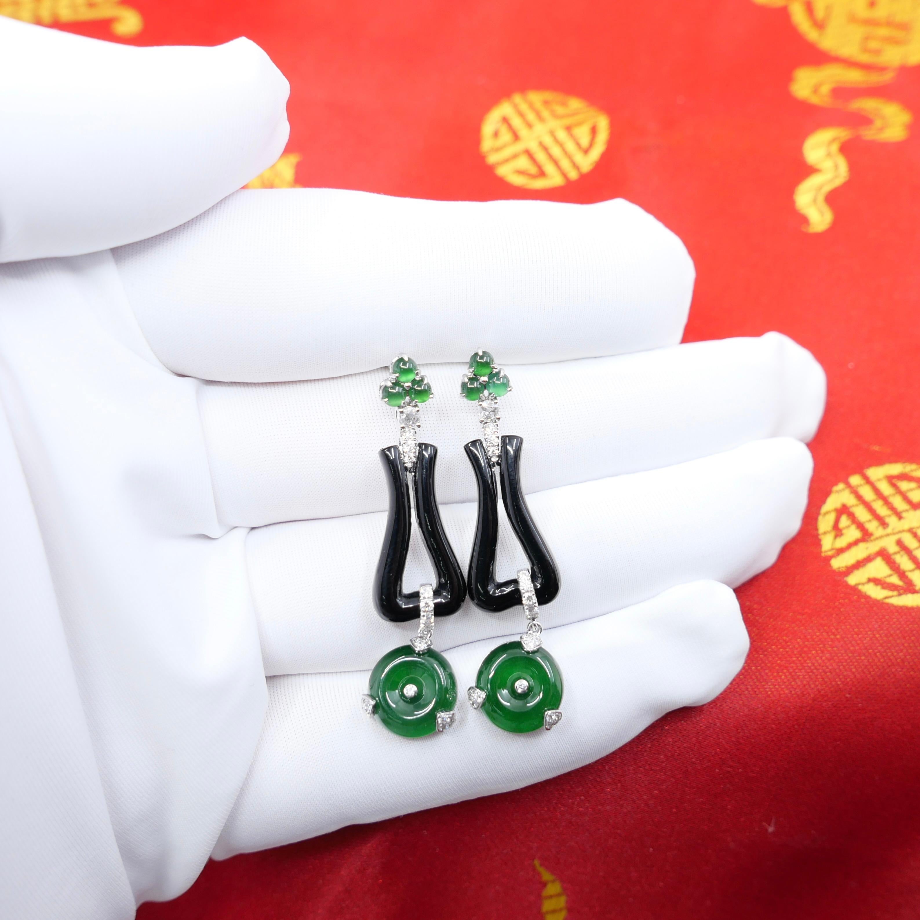 Certified Jade, Onyx & Rose Cut Diamond Drop Earrings. Imperial Green Color For Sale 8