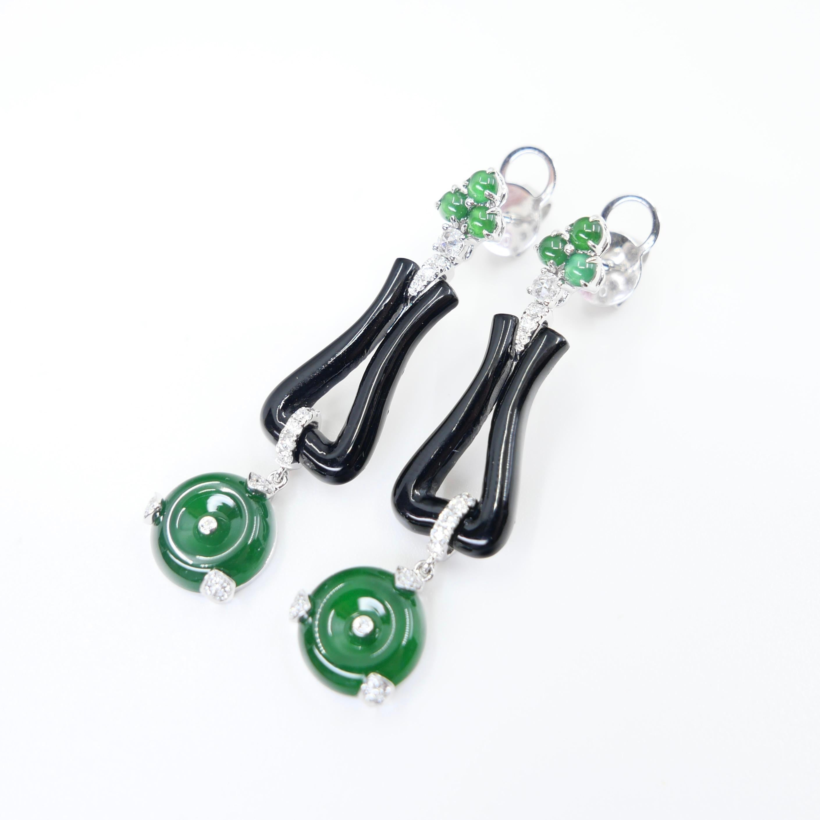 Certified Jade, Onyx & Rose Cut Diamond Drop Earrings. Imperial Green Color For Sale 9