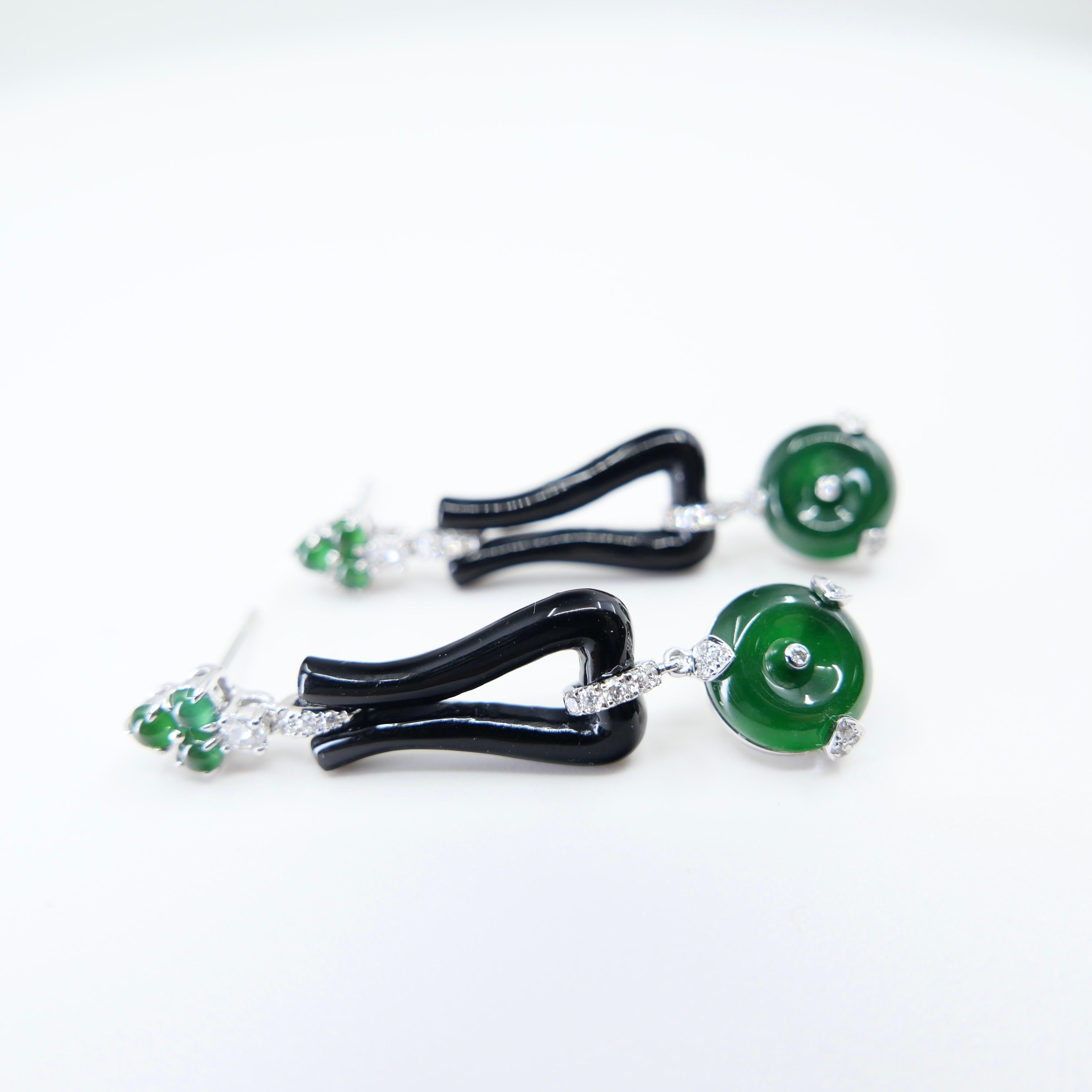 Certified Jade, Onyx & Rose Cut Diamond Drop Earrings. Imperial Green Color For Sale 10