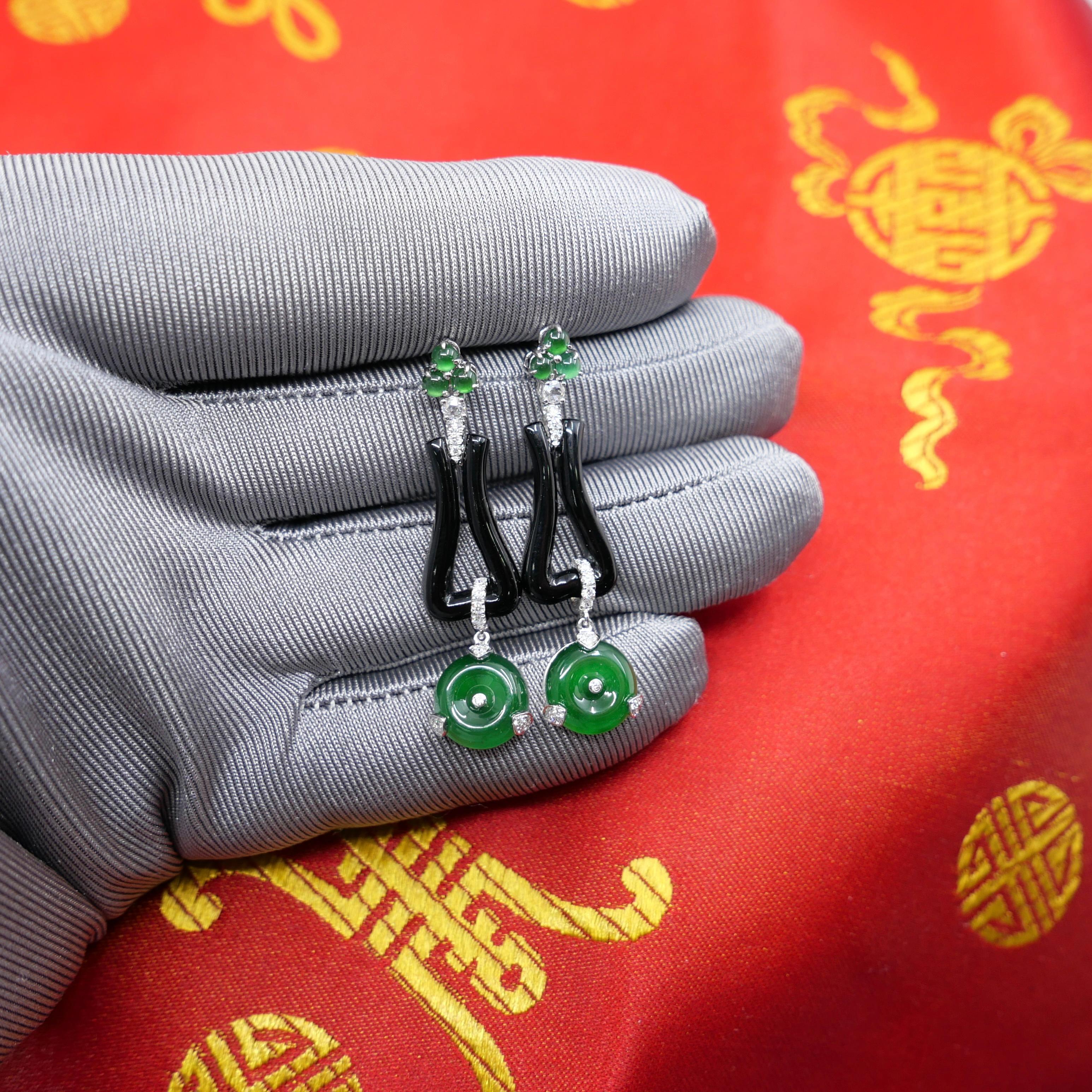 Certified Jade, Onyx & Rose Cut Diamond Drop Earrings. Imperial Green Color For Sale 12