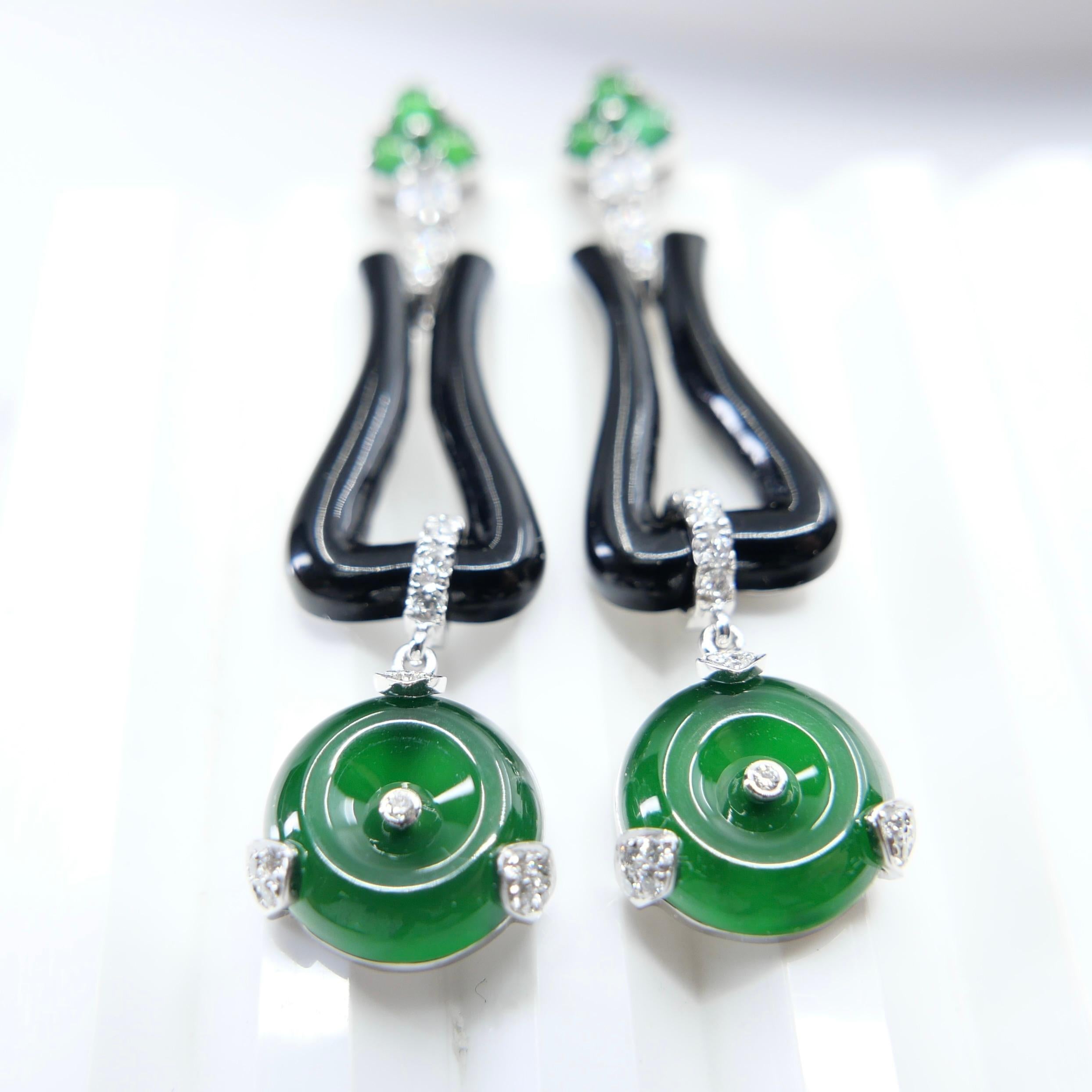 Certified Jade, Onyx & Rose Cut Diamond Drop Earrings. Imperial Green Color For Sale 13