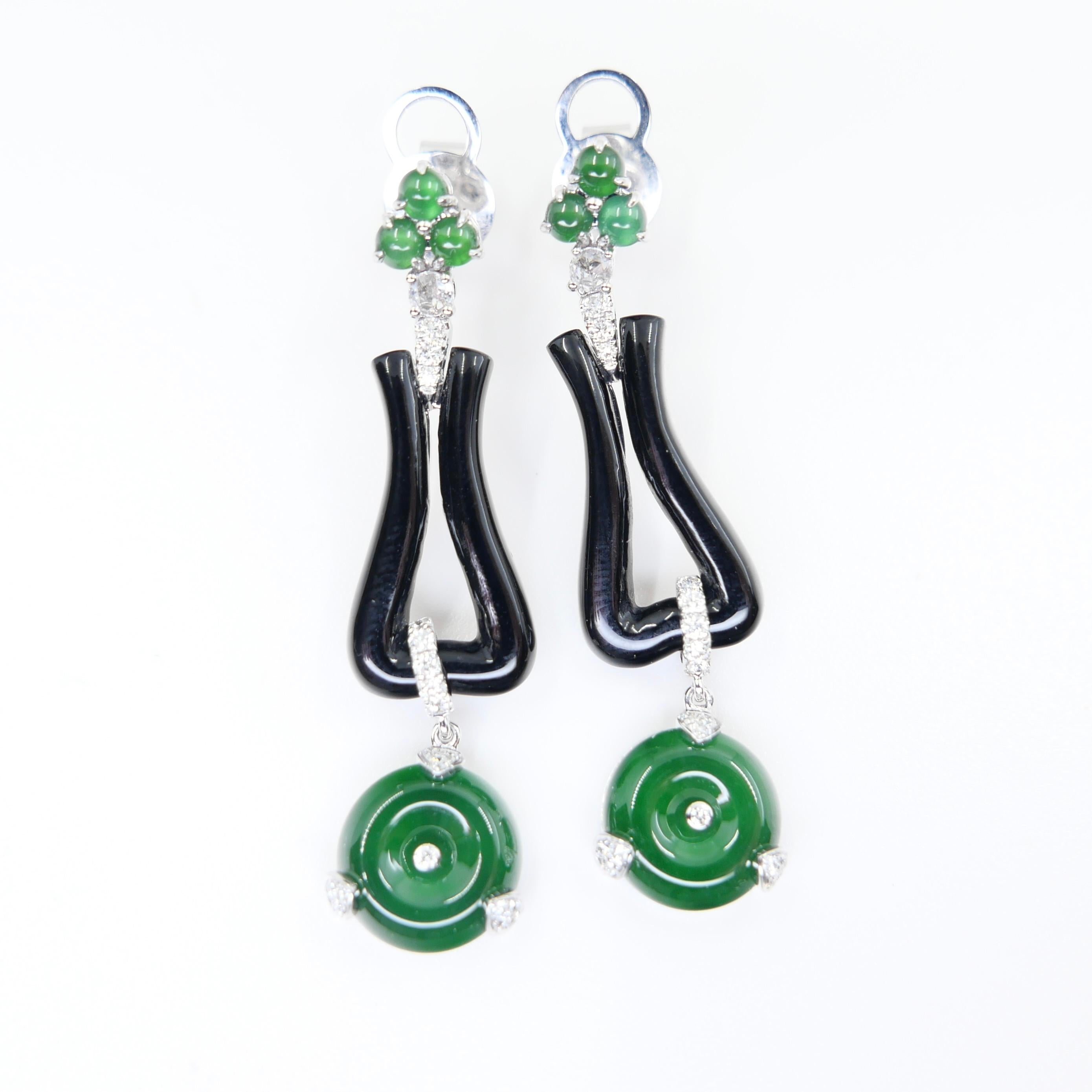 Certified Jade, Onyx & Rose Cut Diamond Drop Earrings. Imperial Green Color For Sale 14