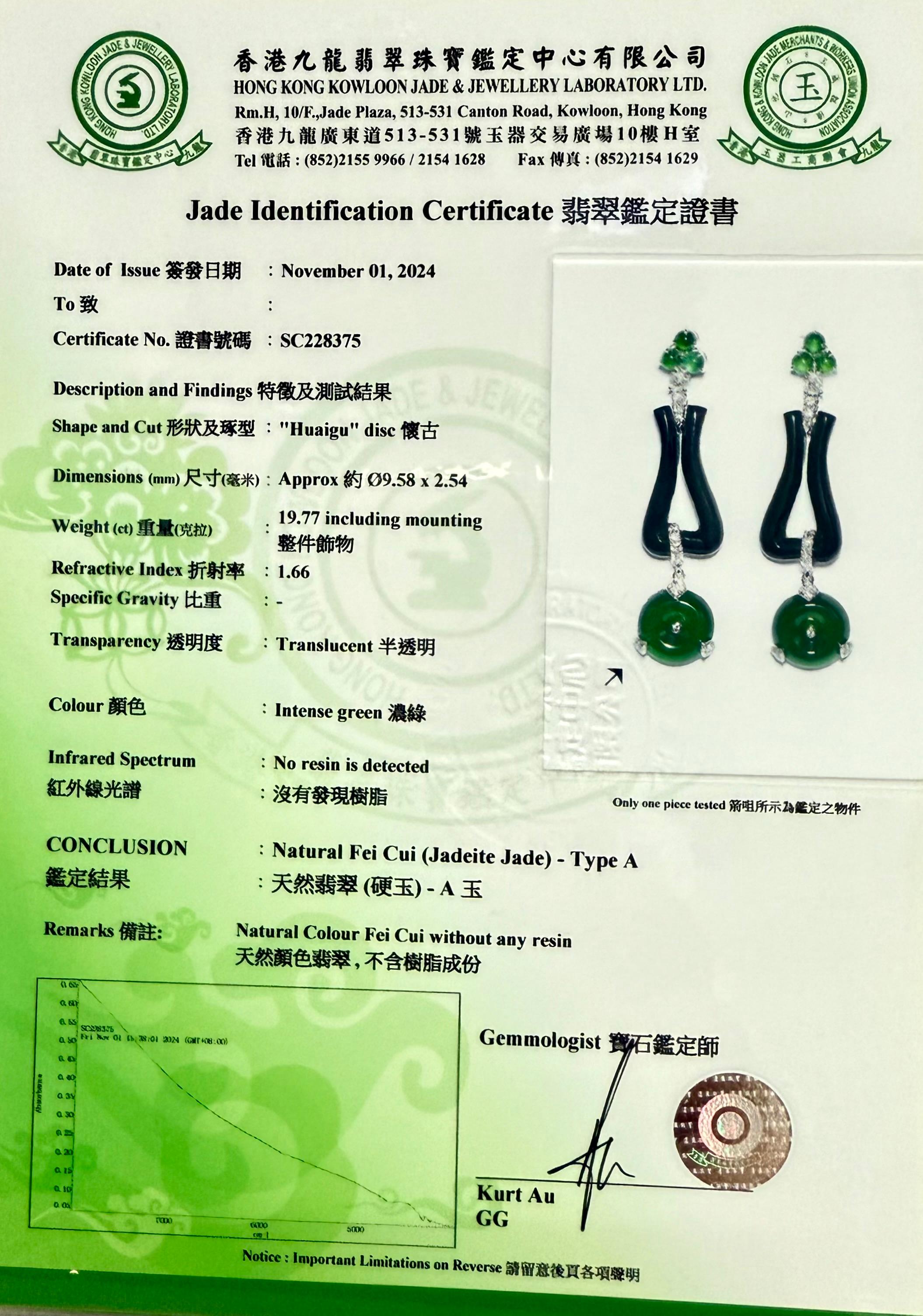 Certified Jade, Onyx & Rose Cut Diamond Drop Earrings. Imperial Green Color For Sale 15