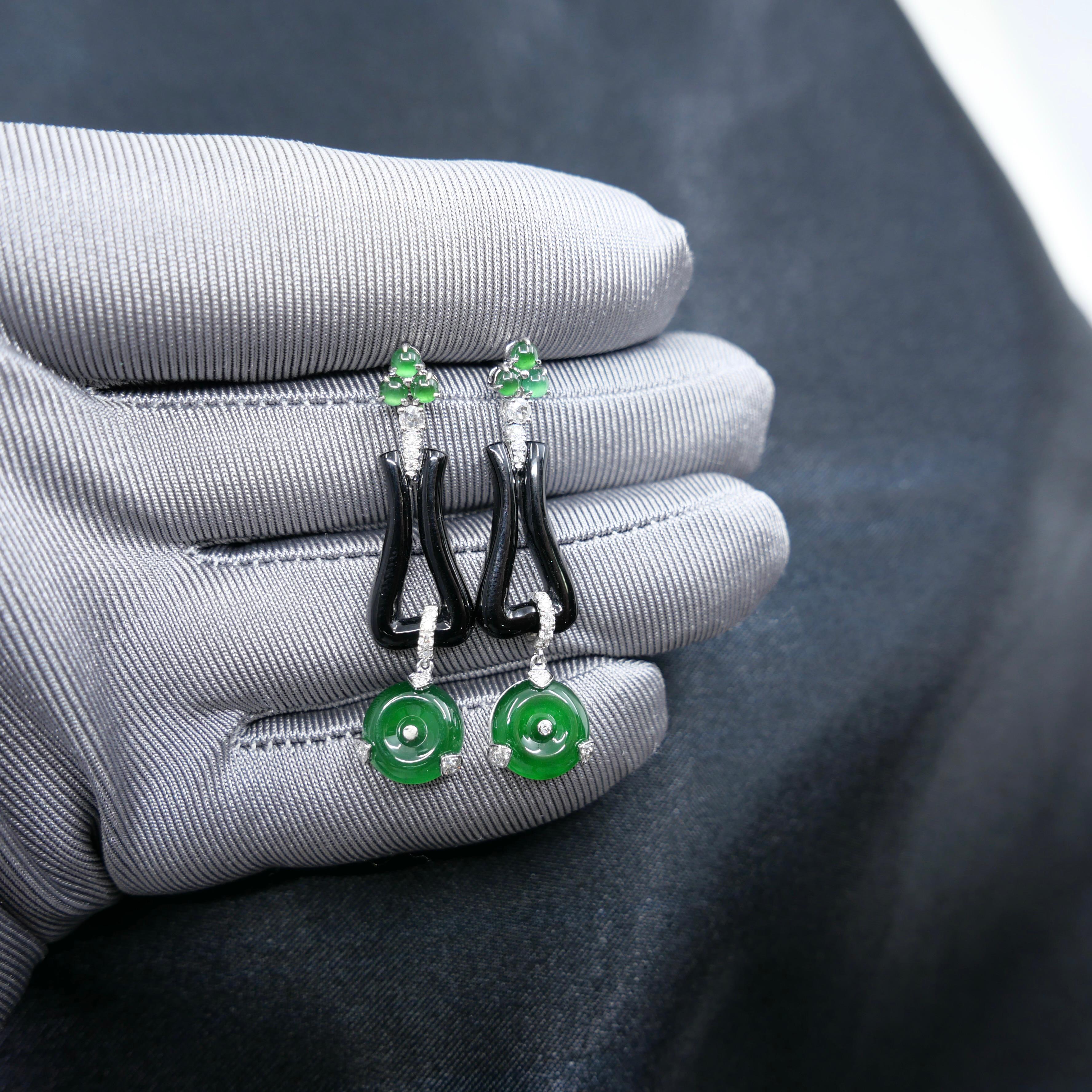 Rough Cut Certified Jade, Onyx & Rose Cut Diamond Drop Earrings. Imperial Green Color For Sale