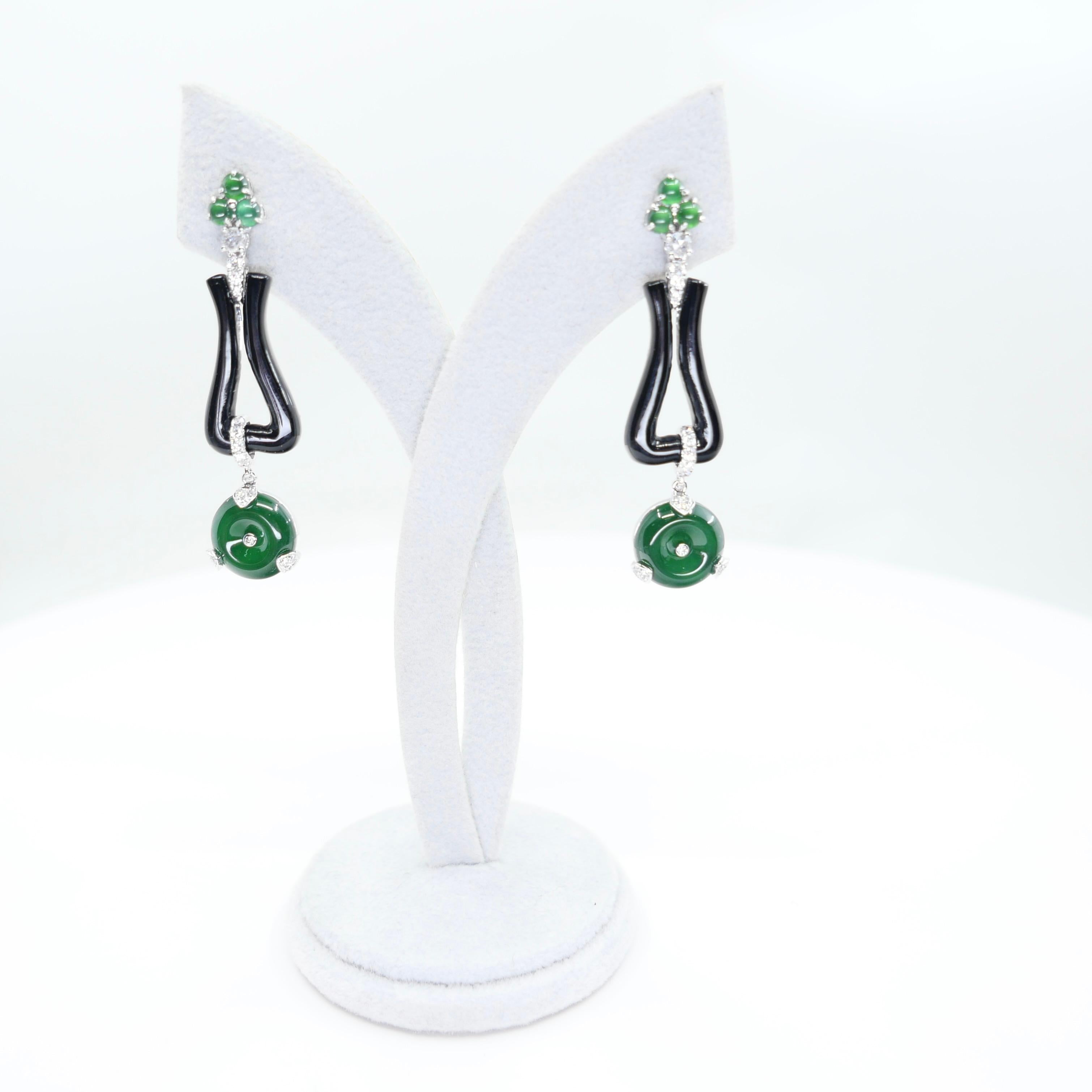 Women's Certified Jade, Onyx & Rose Cut Diamond Drop Earrings. Imperial Green Color For Sale