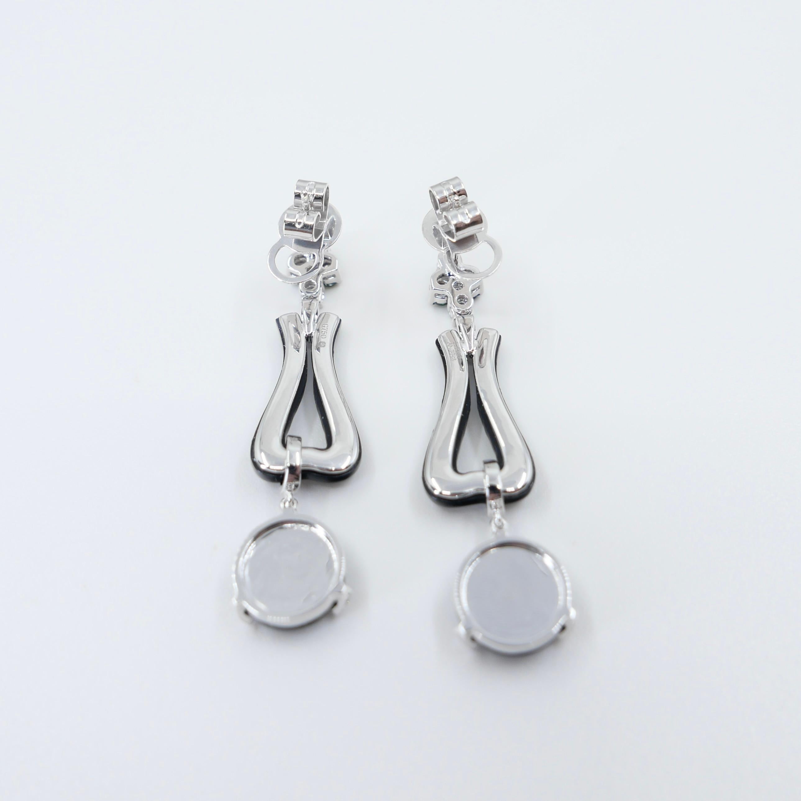 Certified Jade, Onyx & Rose Cut Diamond Drop Earrings. Imperial Green Color For Sale 1