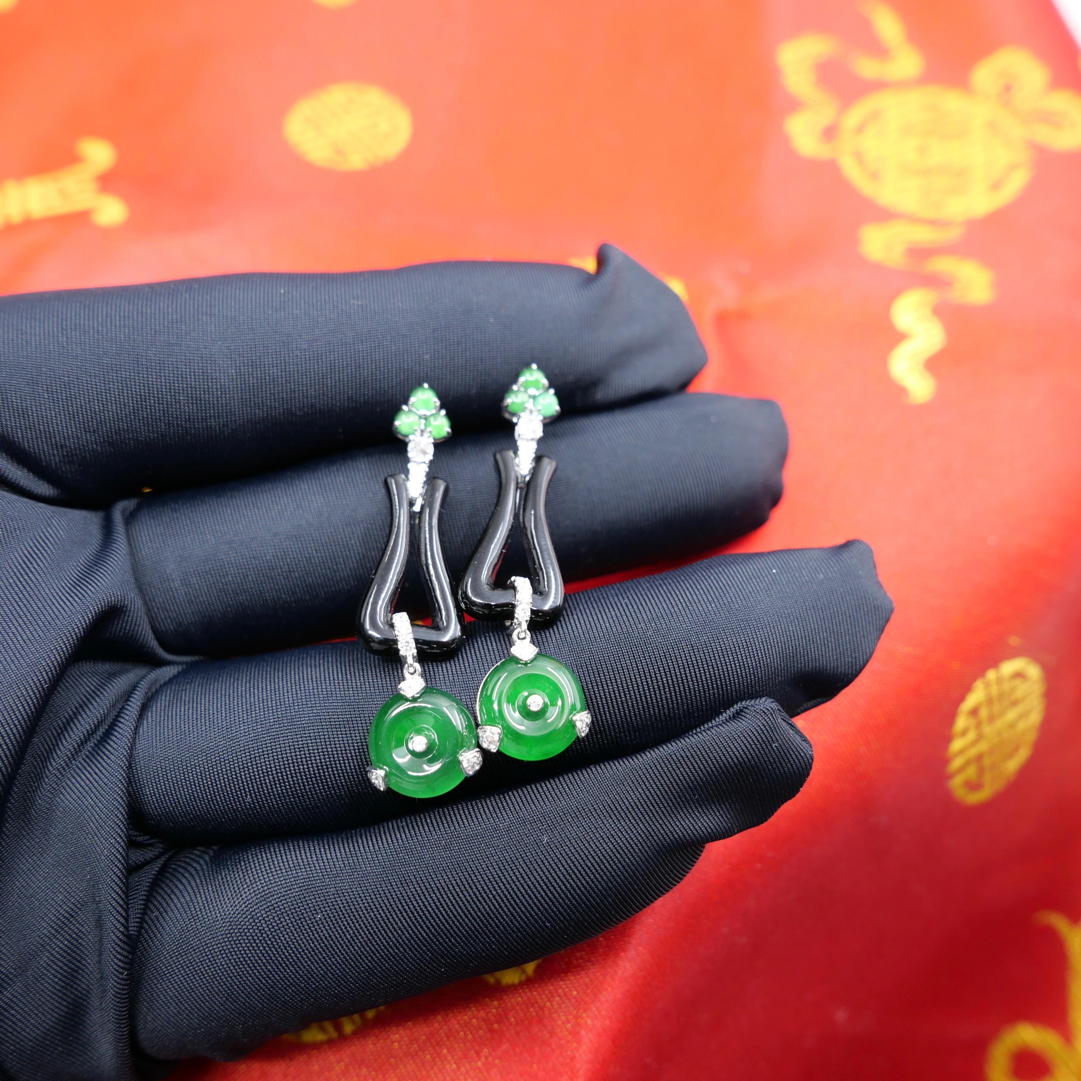 Certified Jade, Onyx & Rose Cut Diamond Drop Earrings. Imperial Green Color For Sale 2