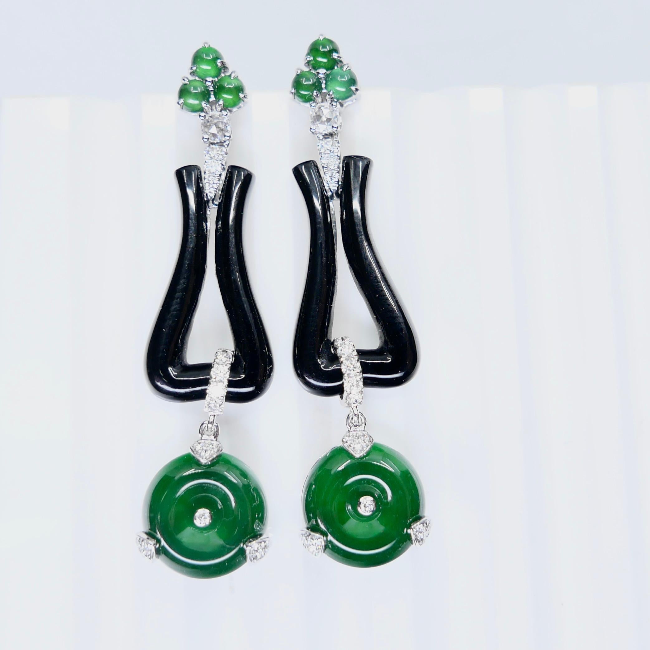 Certified Jade, Onyx & Rose Cut Diamond Drop Earrings. Imperial Green Color For Sale 3