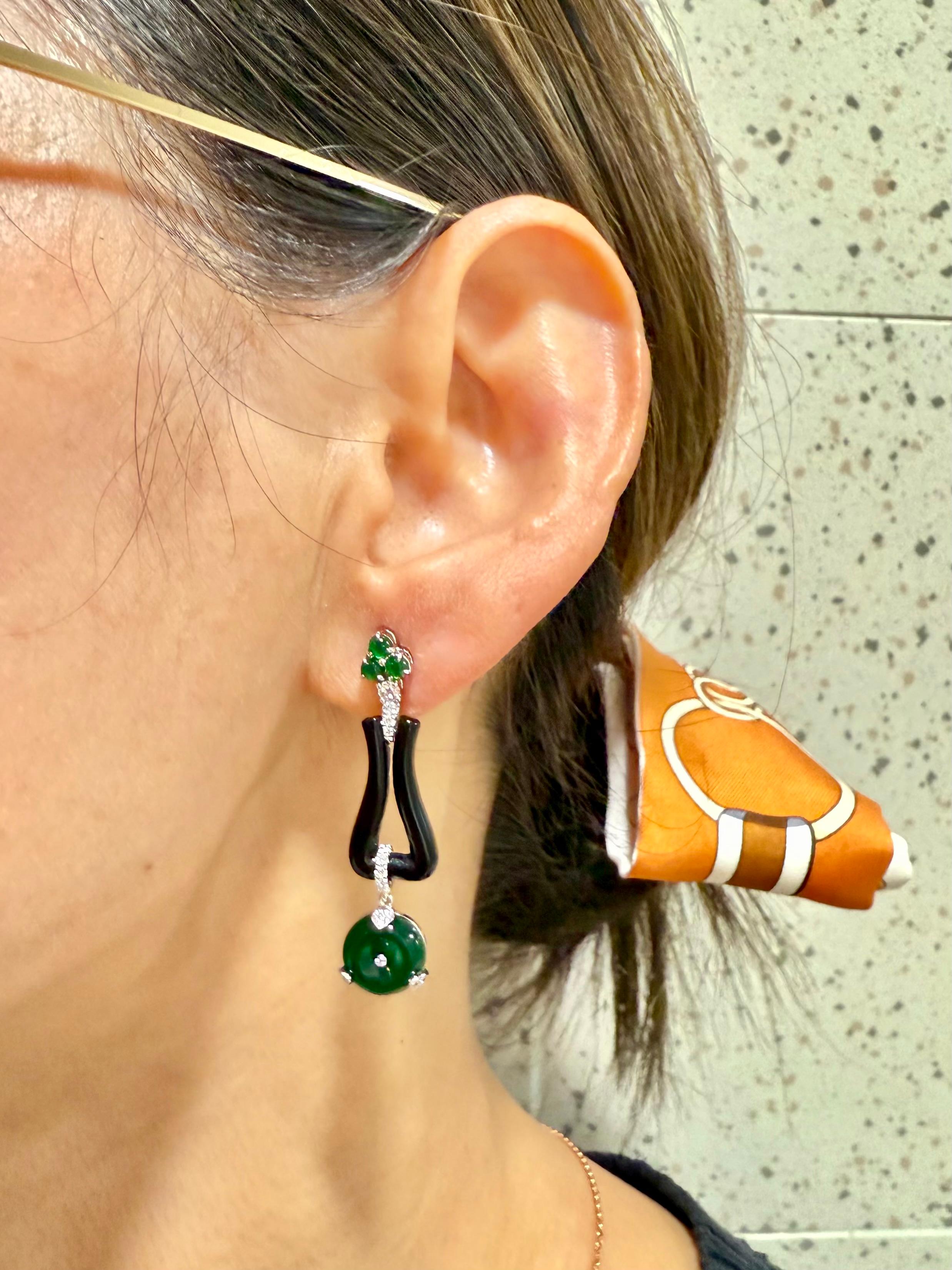 Certified Jade, Onyx & Rose Cut Diamond Drop Earrings. Imperial Green Color For Sale 4