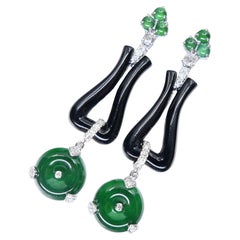Certified Jade, Onyx & Rose Cut Diamond Drop Earrings. Imperial Green Color