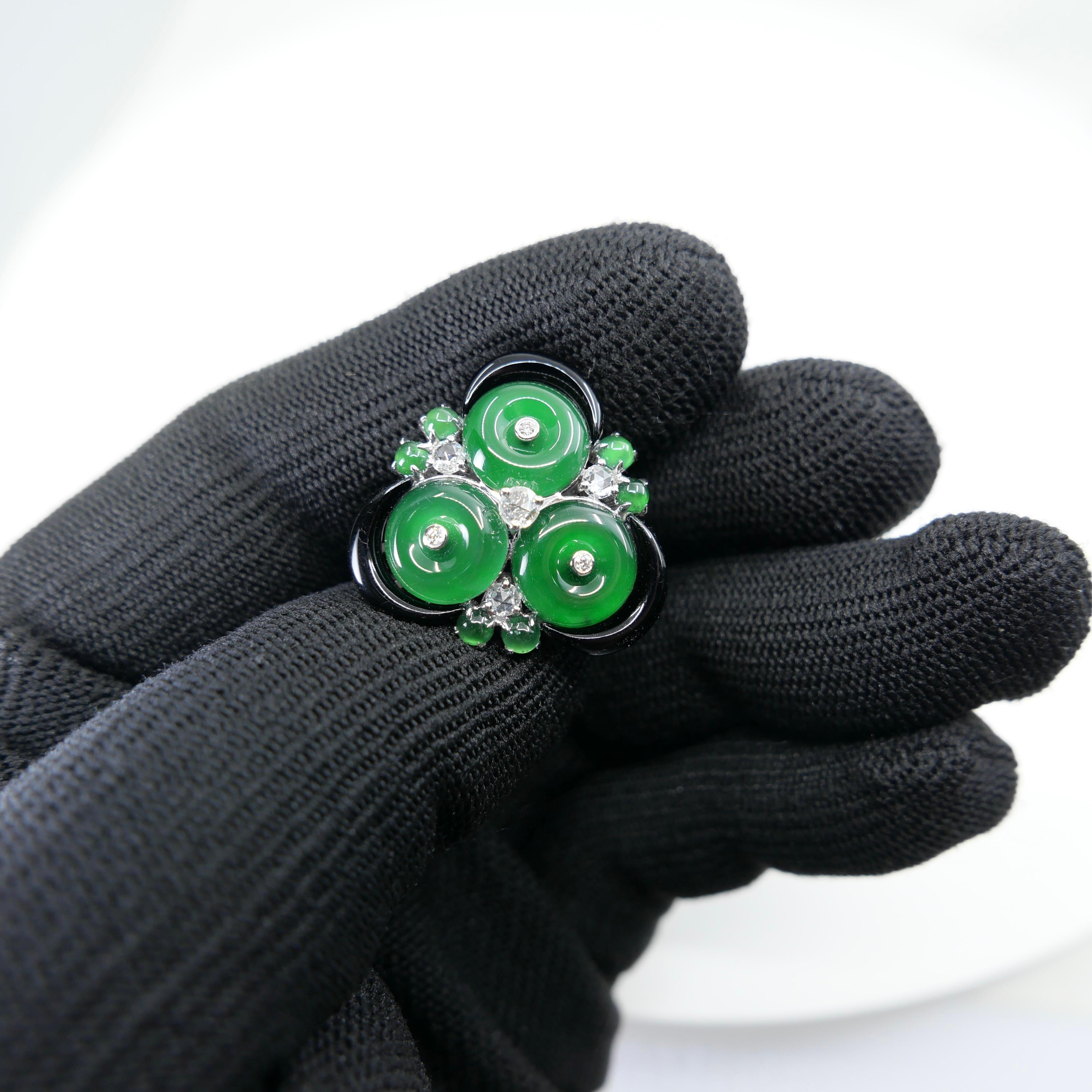 Certified Jade, Rose Cut Diamond & Onyx Ring & Pendant. Imperial Green Jade. XXL For Sale 6