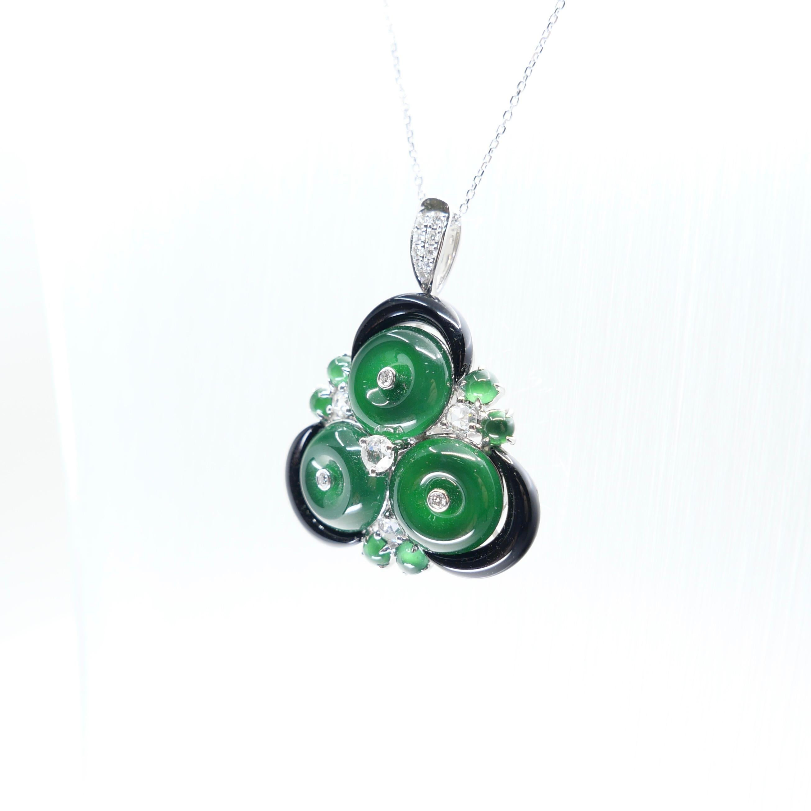 Certified Jade, Rose Cut Diamond & Onyx Ring & Pendant. Imperial Green Jade. XXL For Sale 7