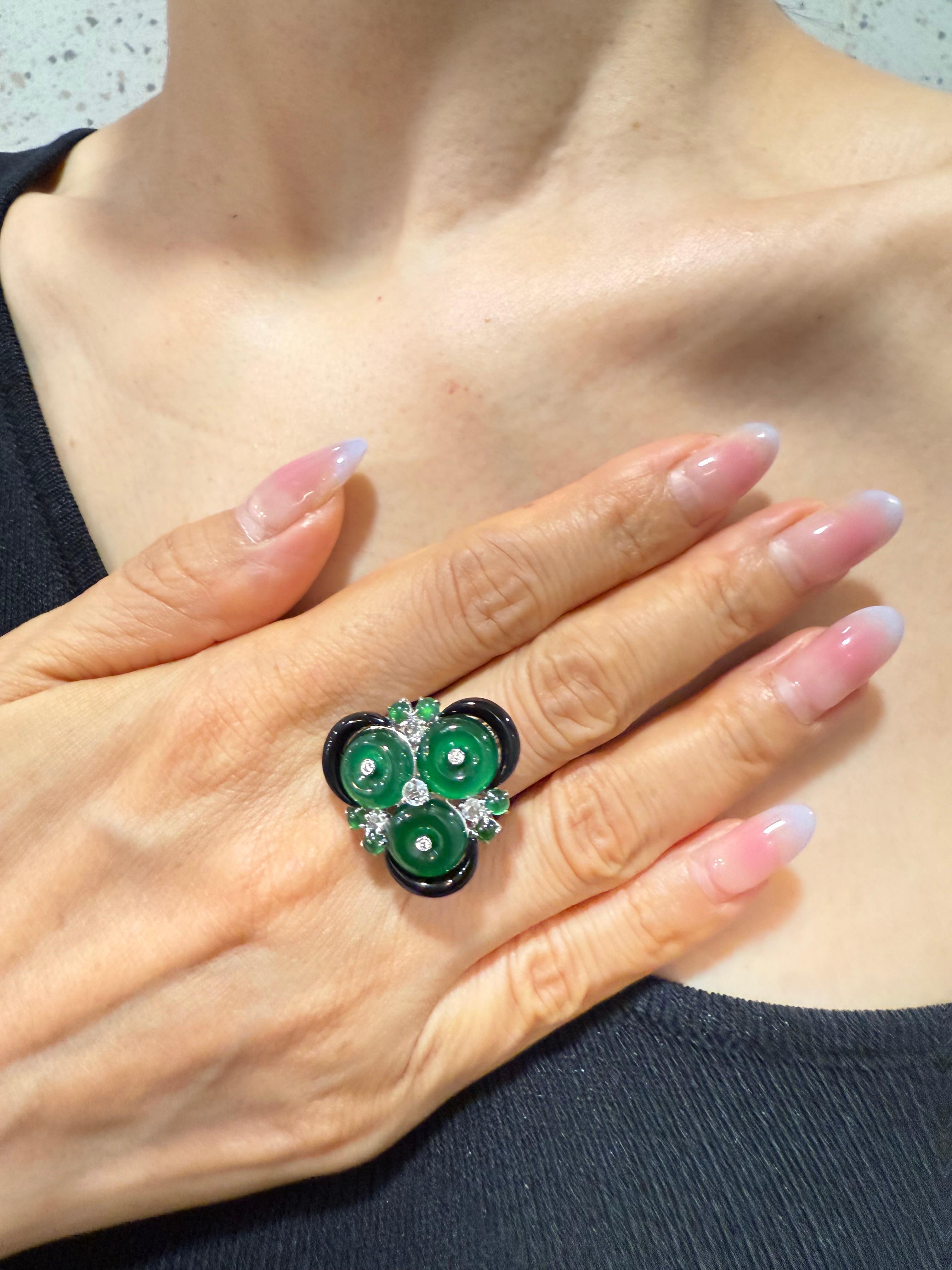 Certified Jade, Rose Cut Diamond & Onyx Ring & Pendant. Imperial Green Jade. XXL For Sale 8