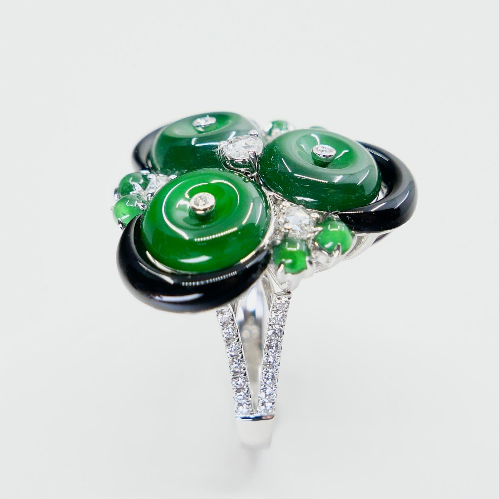 Certified Jade, Rose Cut Diamond & Onyx Ring & Pendant. Imperial Green Jade. XXL For Sale 9