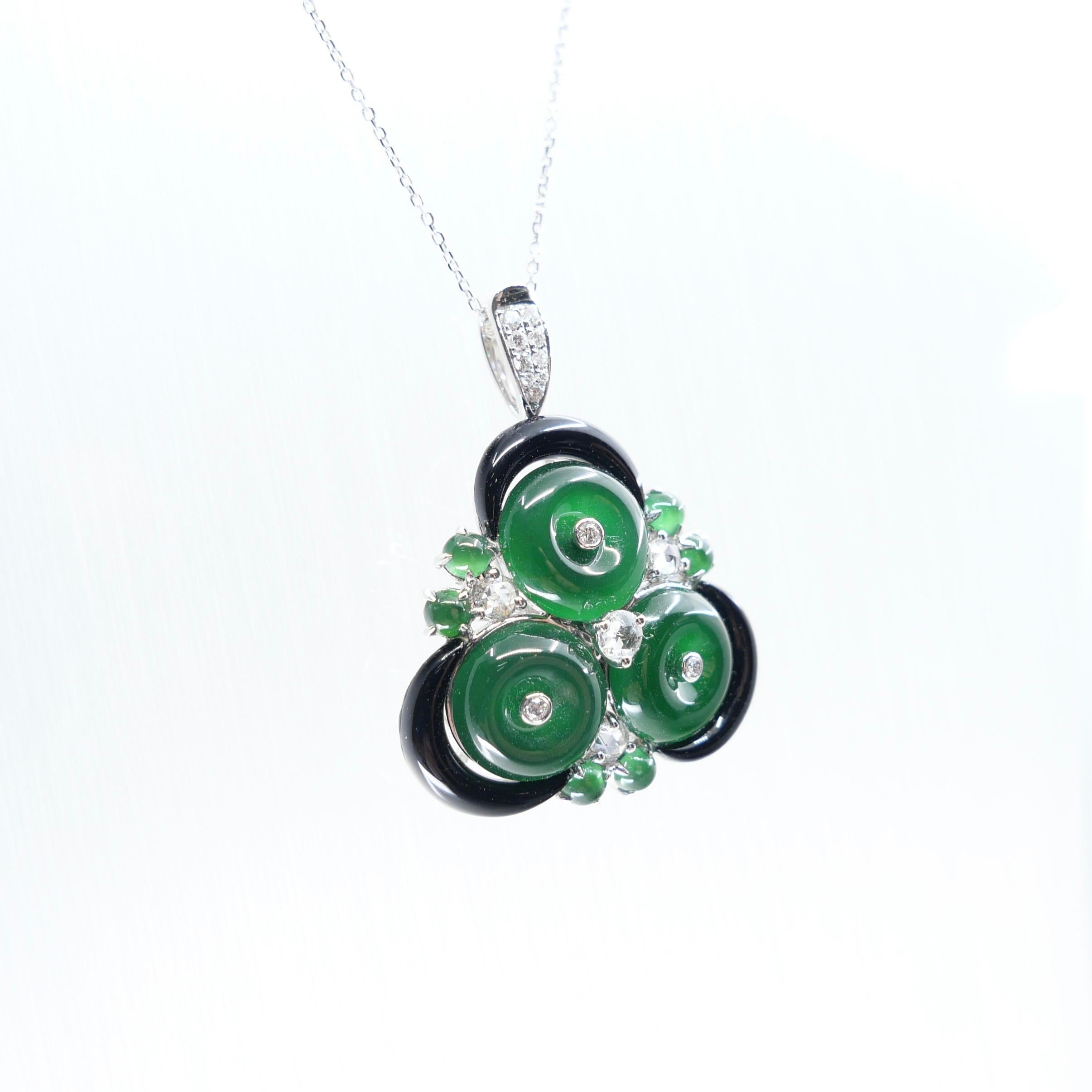 Certified Jade, Rose Cut Diamond & Onyx Ring & Pendant. Imperial Green Jade. XXL For Sale 10