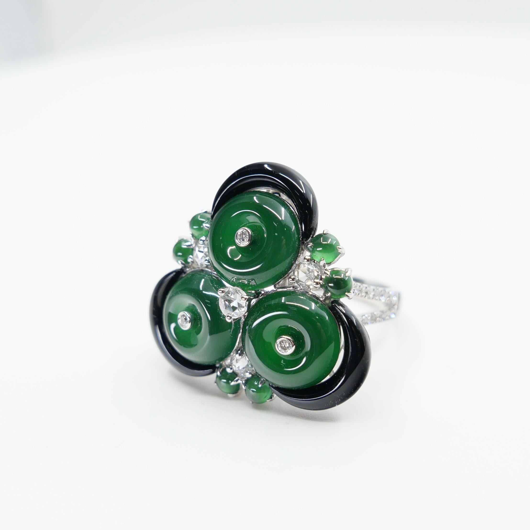 Certified Jade, Rose Cut Diamond & Onyx Ring & Pendant. Imperial Green Jade. XXL For Sale 11