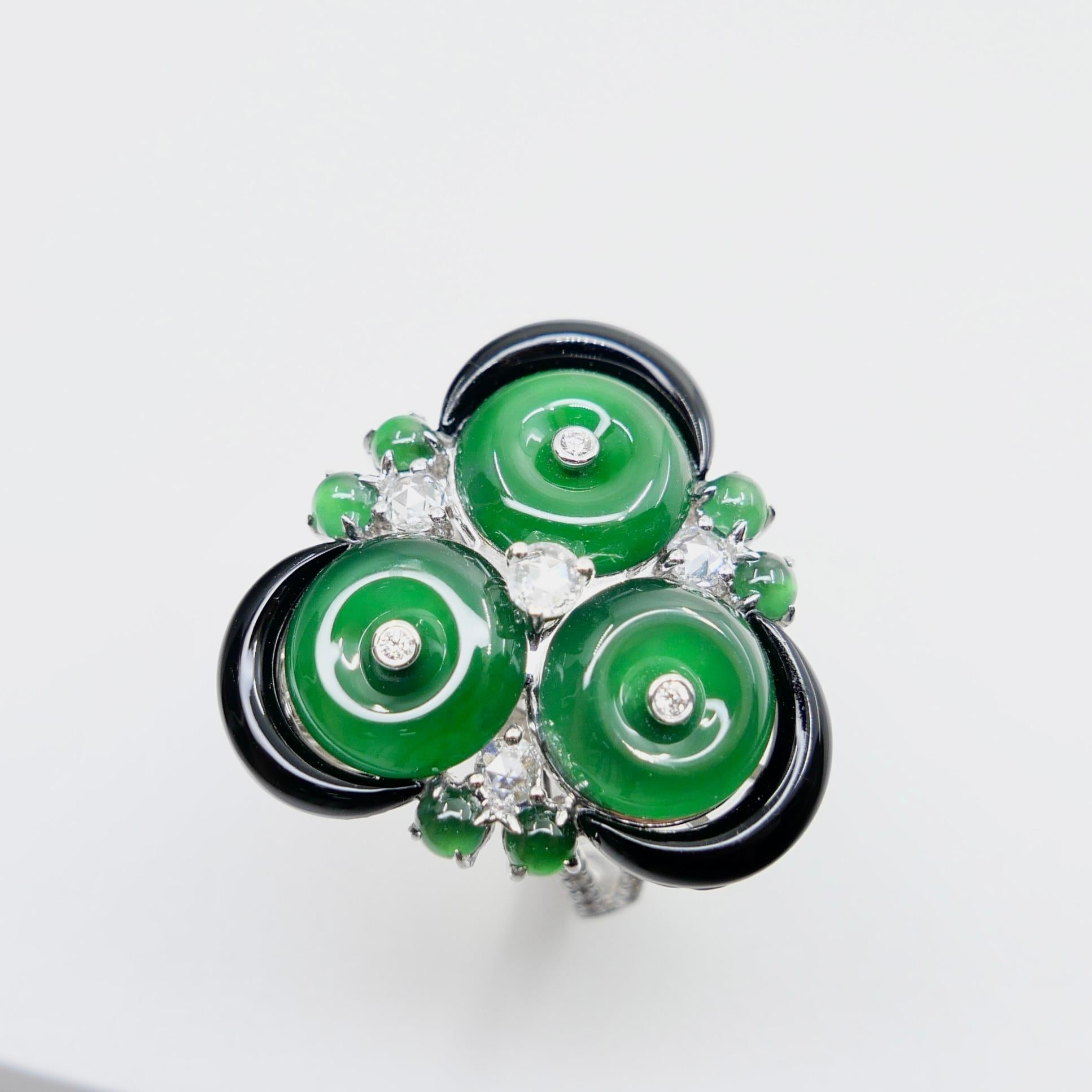 Certified Jade, Rose Cut Diamond & Onyx Ring & Pendant. Imperial Green Jade. XXL For Sale 12