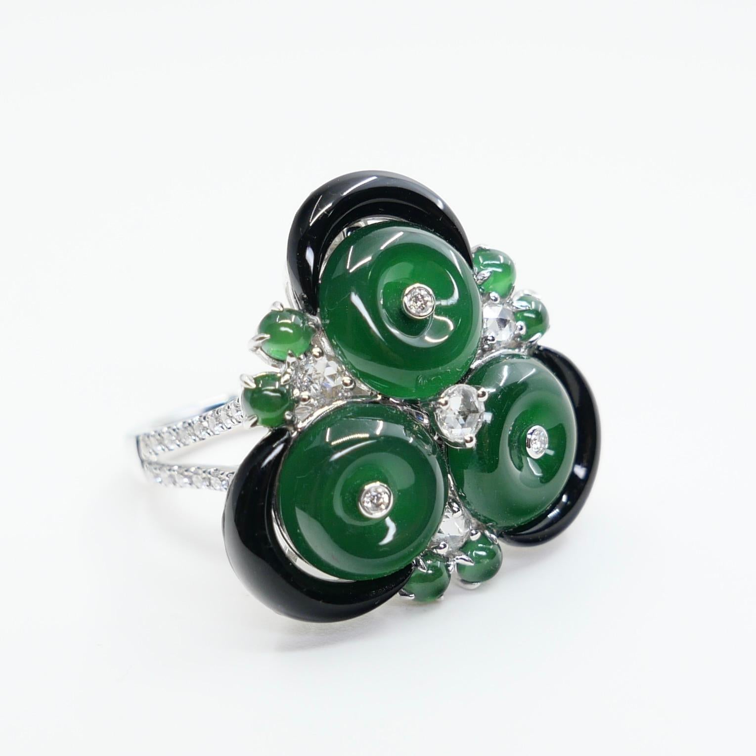 Certified Jade, Rose Cut Diamond & Onyx Ring & Pendant. Imperial Green Jade. XXL For Sale 13