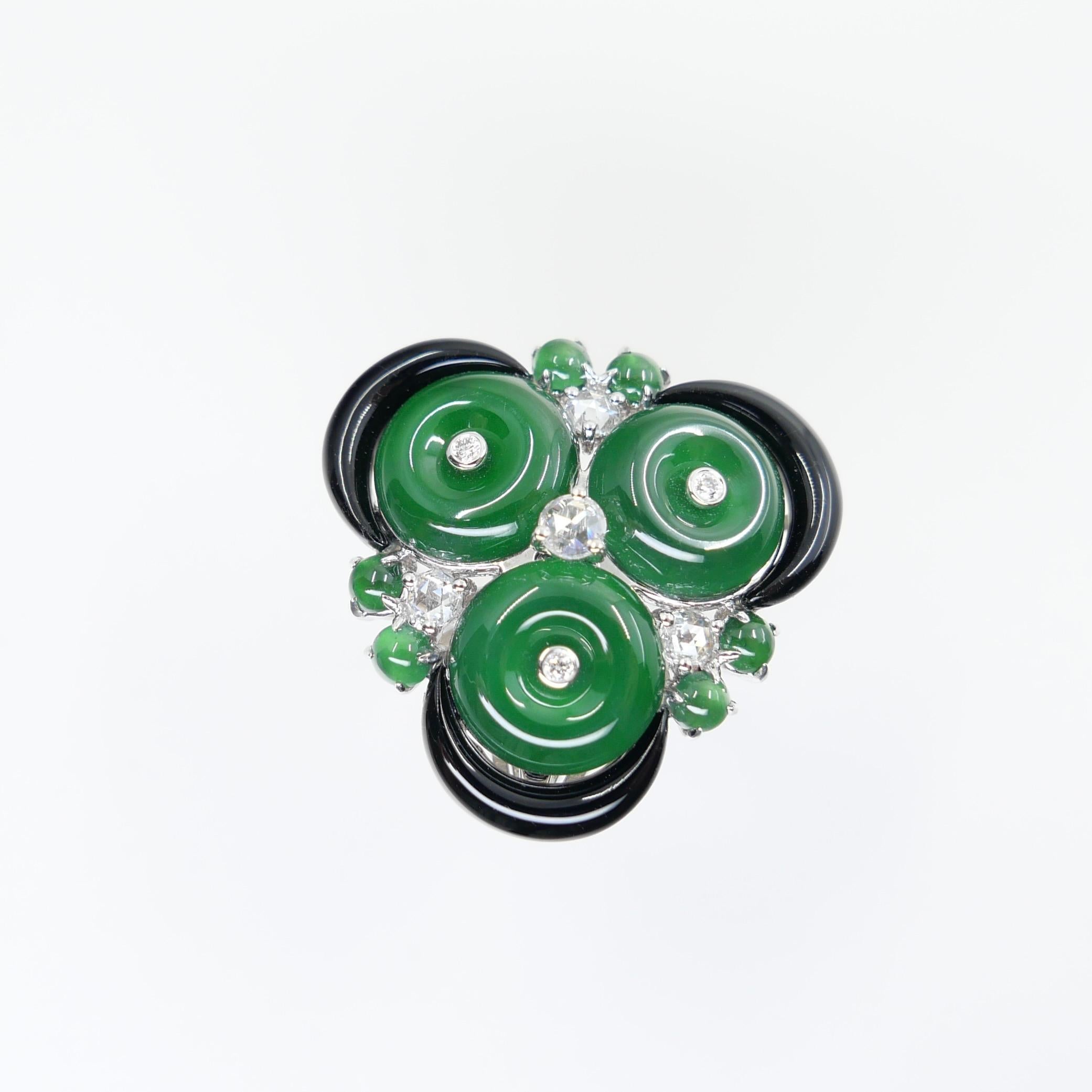 Certified Jade, Rose Cut Diamond & Onyx Ring & Pendant. Imperial Green Jade. XXL For Sale 14