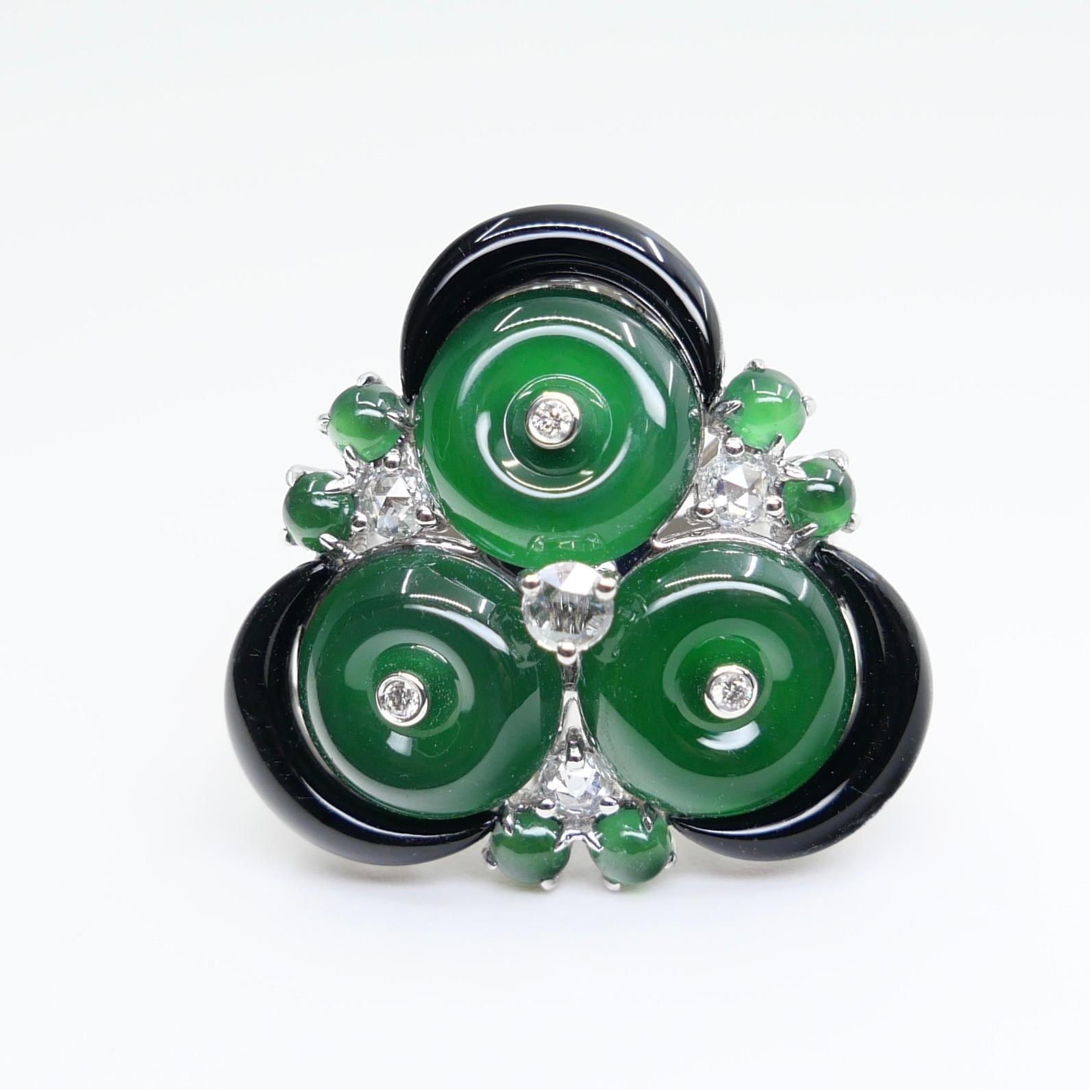 Women's Certified Jade, Rose Cut Diamond & Onyx Ring & Pendant. Imperial Green Jade. XXL For Sale