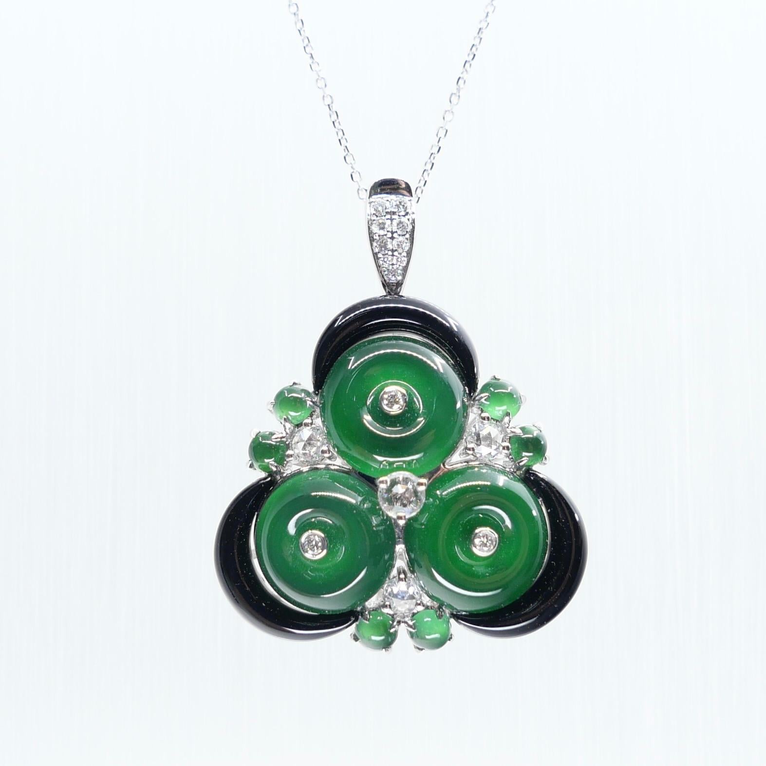 Certified Jade, Rose Cut Diamond & Onyx Ring & Pendant. Imperial Green Jade. XXL For Sale 4