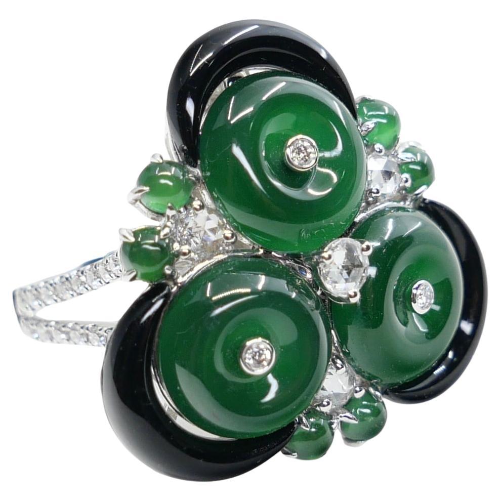 Anillo y colgante de jade certificado, diamante talla rosa y ónice. Jade Verde Imperial. XXL