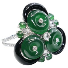 Anillo y colgante de jade certificado, diamante talla rosa y ónice. Jade Verde Imperial. XXL