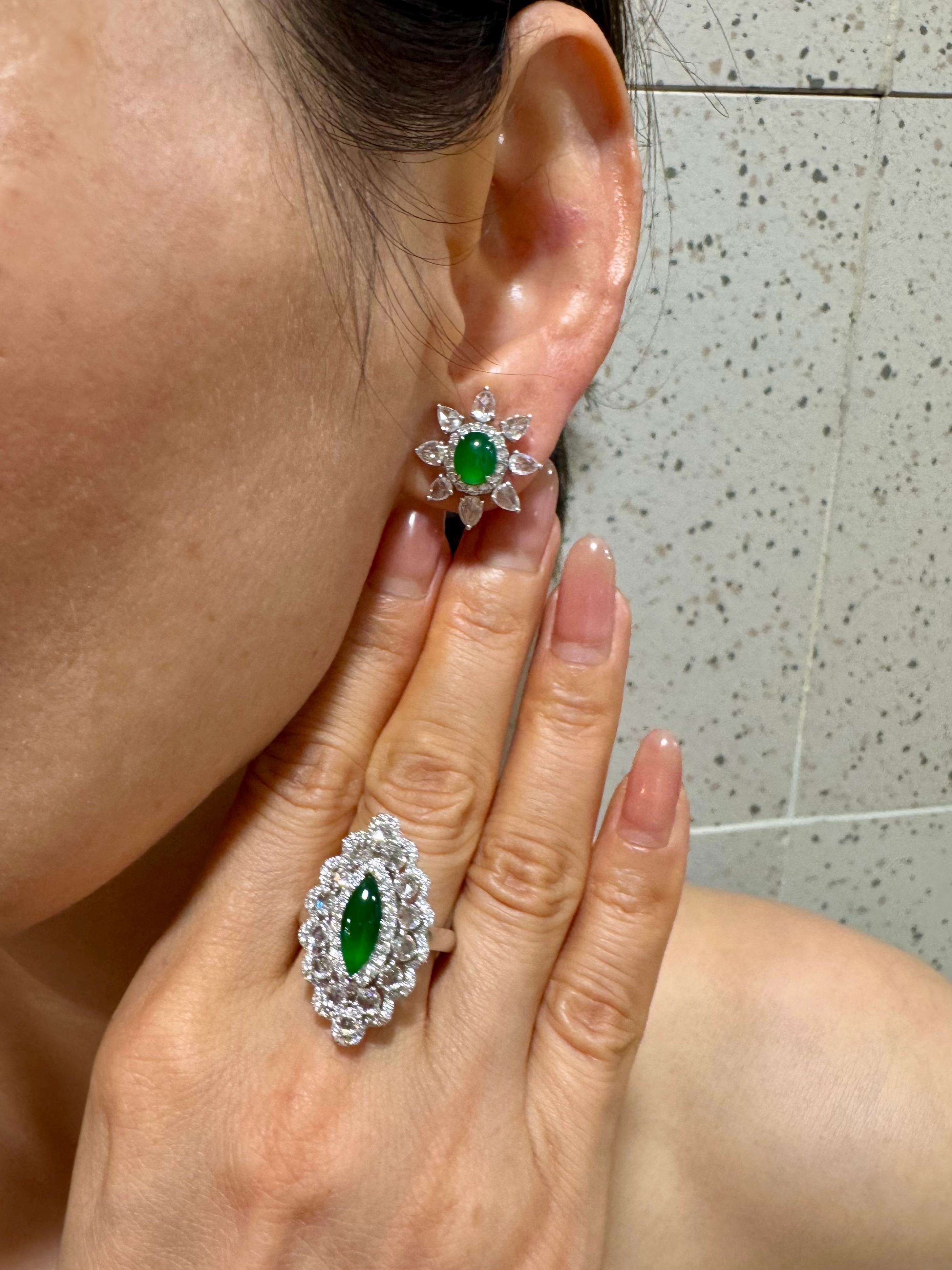 Certified Jade Rose Cut Diamond Ring And Pendant. Imperial Green, Strong Glow! For Sale 6