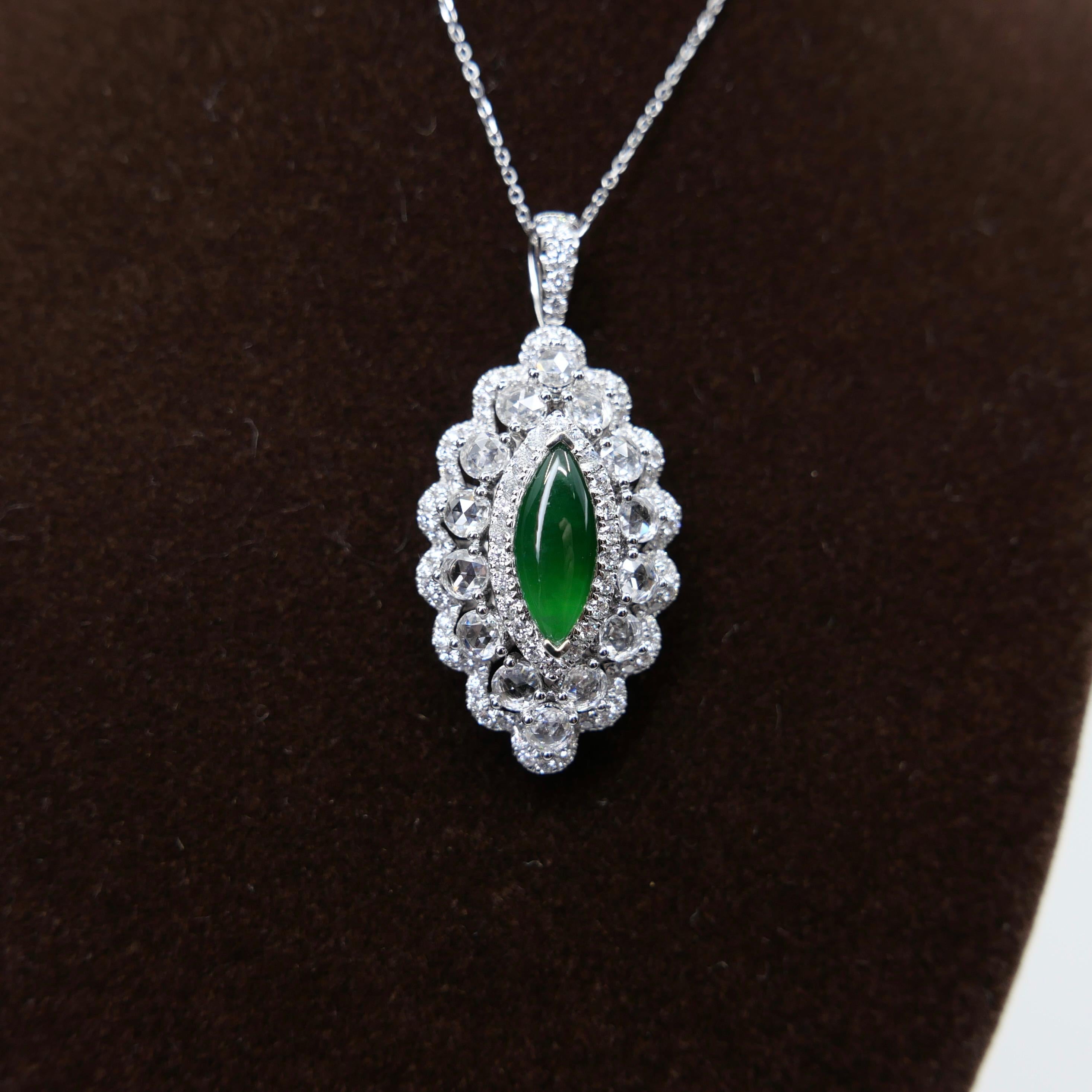 Certified Jade Rose Cut Diamond Ring And Pendant. Imperial Green, Strong Glow! For Sale 11