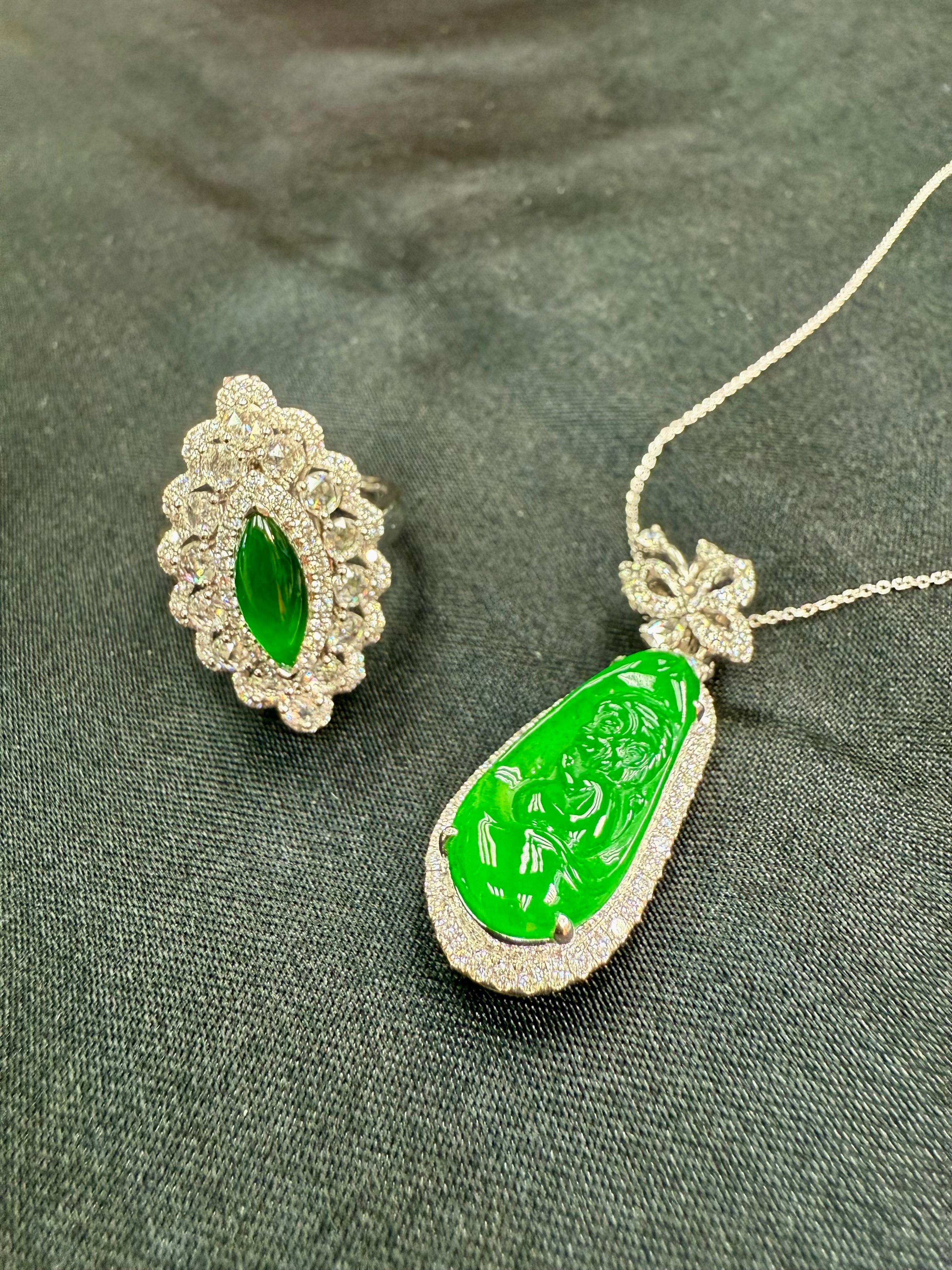 Certified Jade Rose Cut Diamond Ring And Pendant. Imperial Green, Strong Glow! For Sale 1