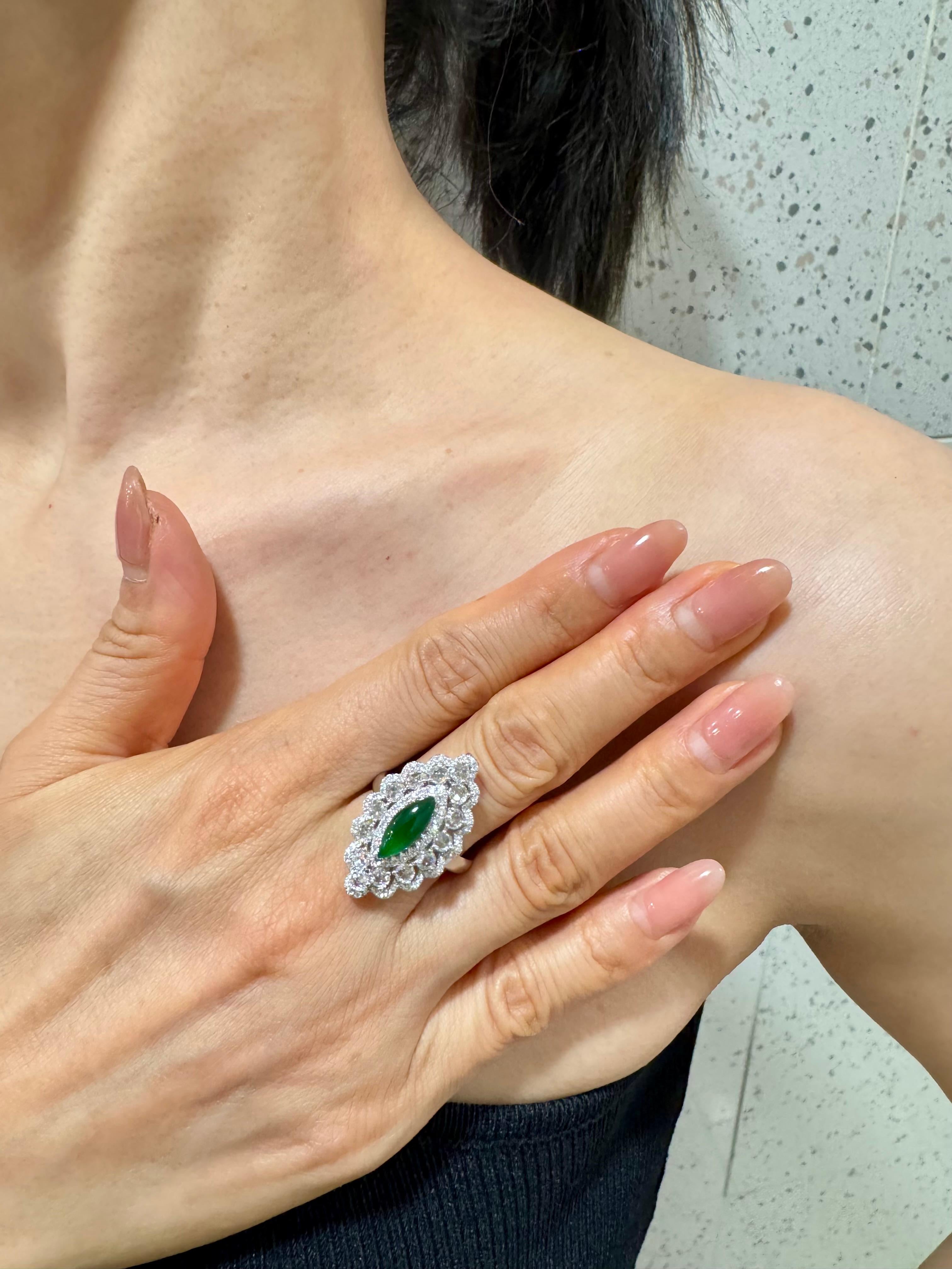 Marquise Cut Certified Jade Rose Cut Diamond Ring And Pendant. Imperial Green, Strong Glow! For Sale