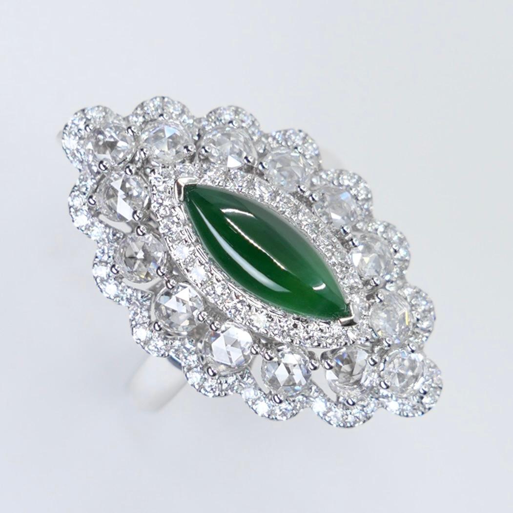 Women's Certified Jade Rose Cut Diamond Ring And Pendant. Imperial Green, Strong Glow! For Sale