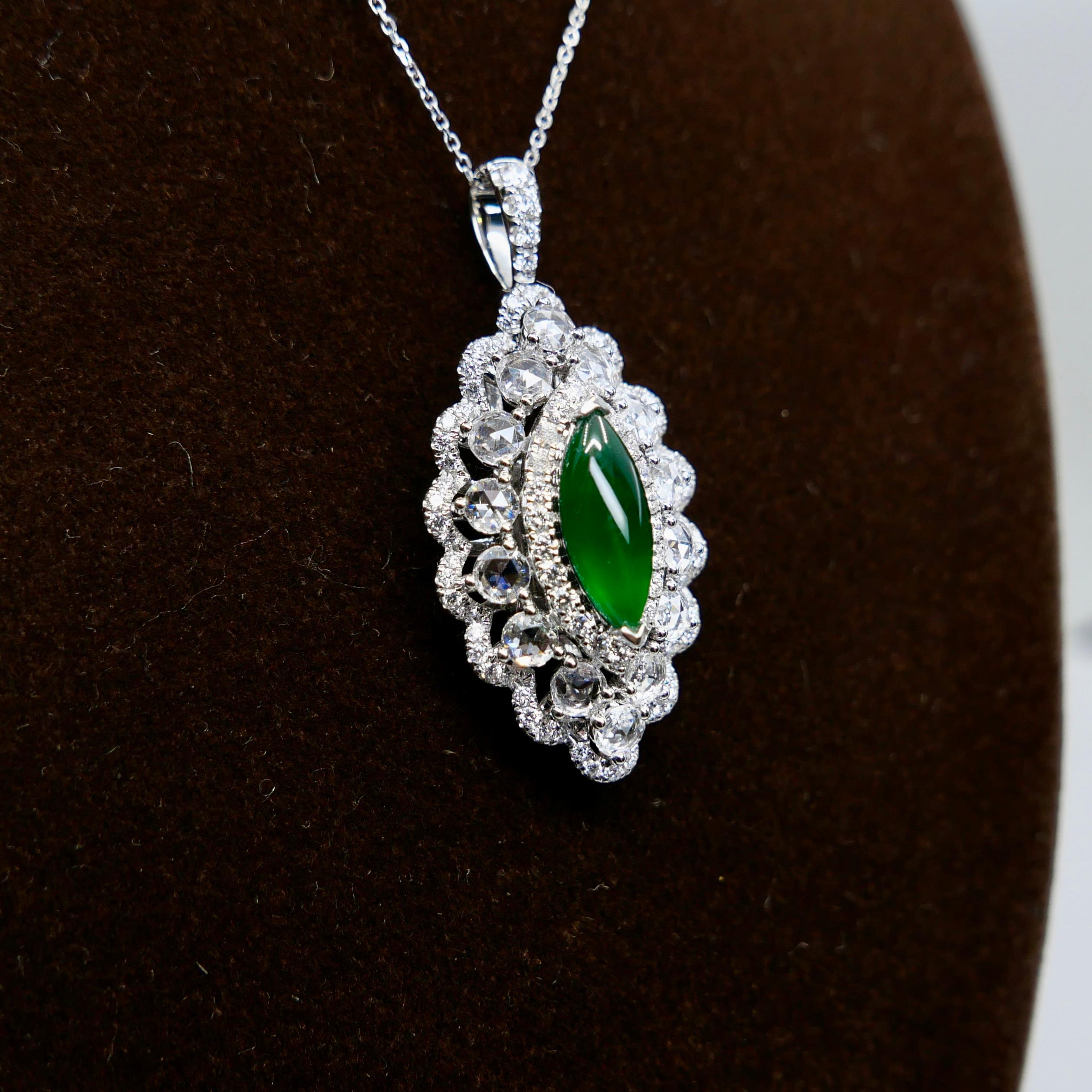 Certified Jade Rose Cut Diamond Ring And Pendant. Imperial Green, Strong Glow! For Sale 2
