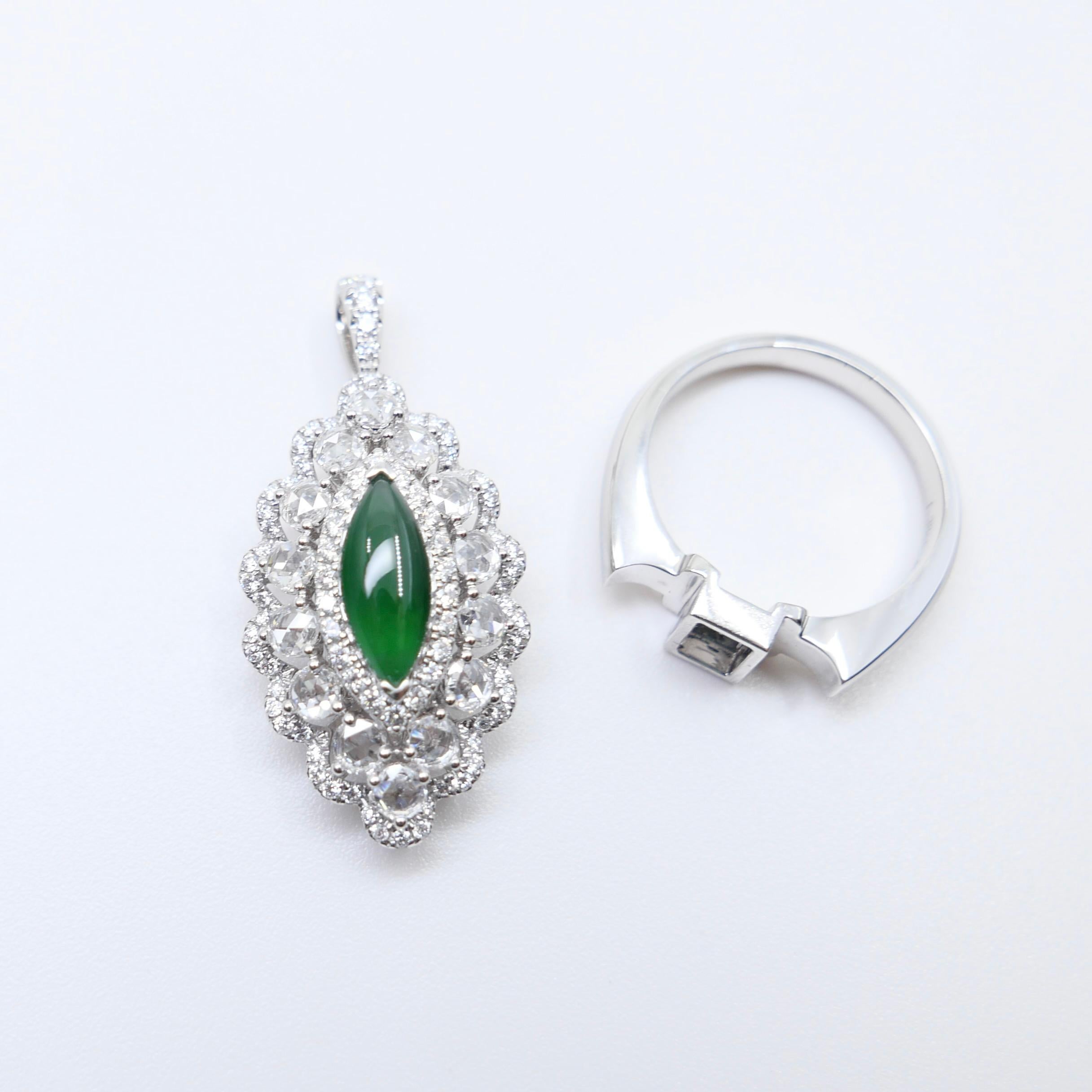 Certified Jade Rose Cut Diamond Ring And Pendant. Imperial Green, Strong Glow! For Sale 3