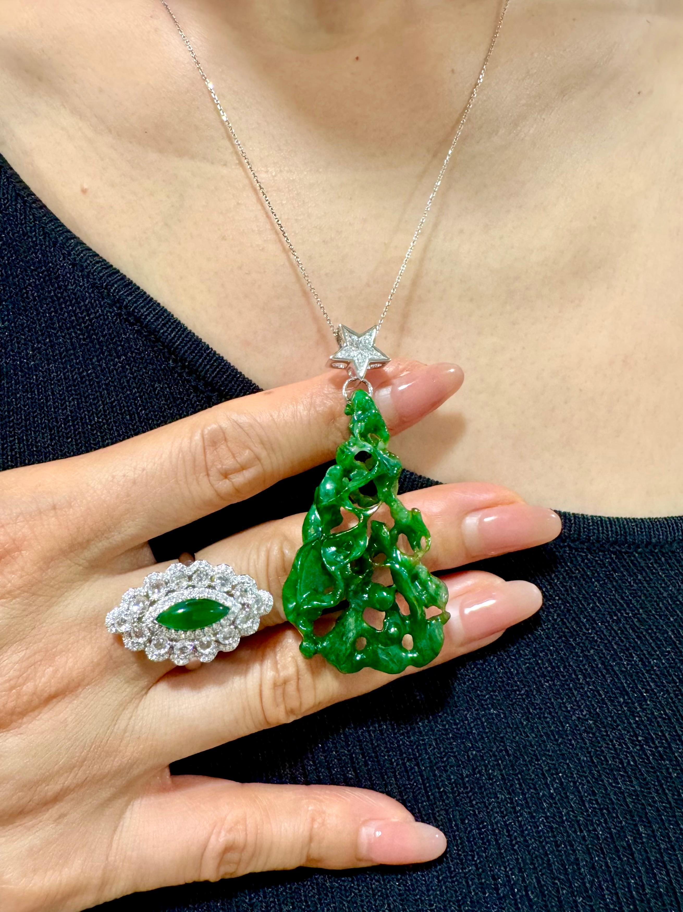 Certified Jade Rose Cut Diamond Ring And Pendant. Imperial Green, Strong Glow! For Sale 4
