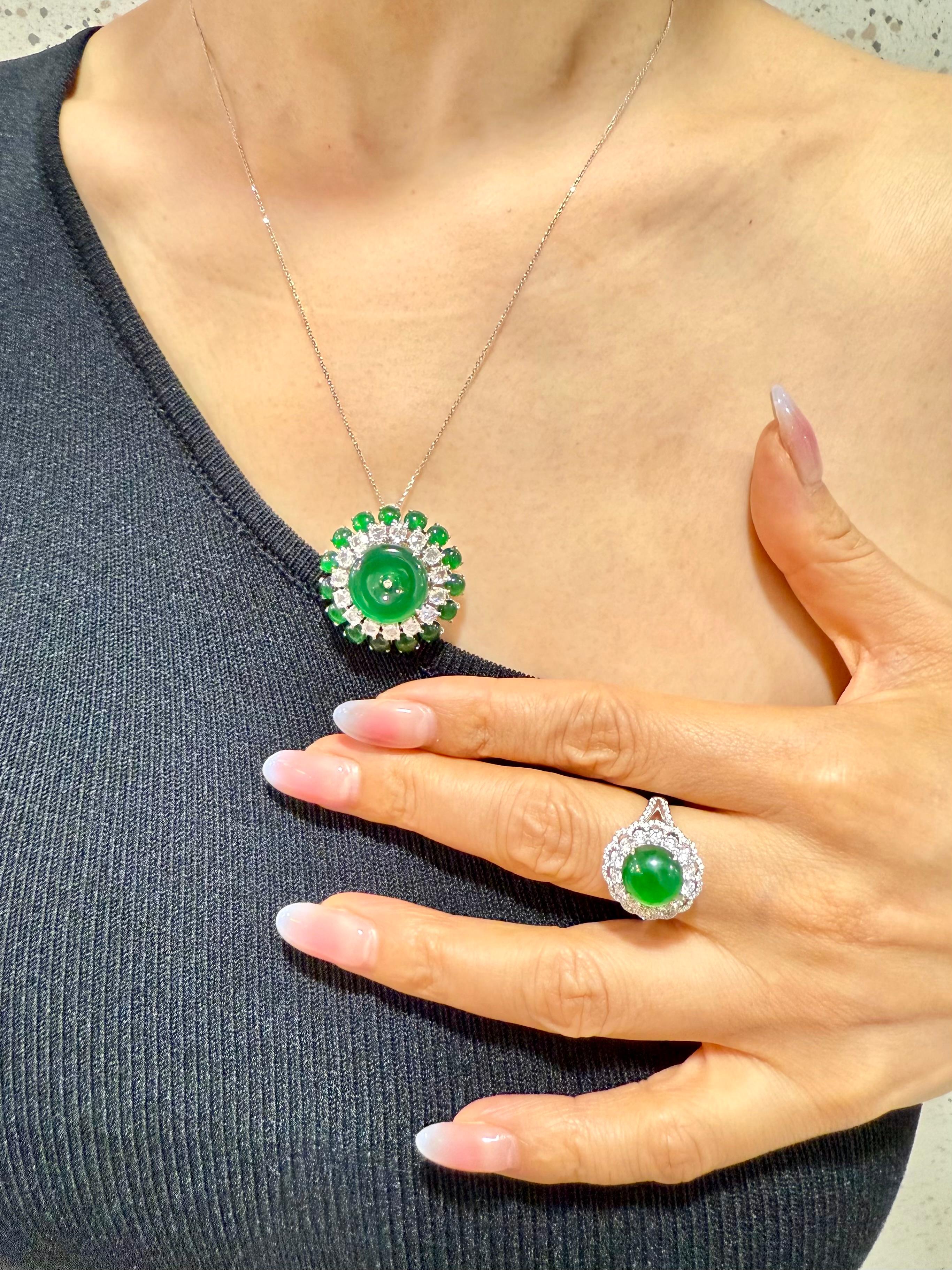 Certified Jade Rose Cut Diamond Ring & Pendant. Imperial Green Substantial Size! For Sale 6