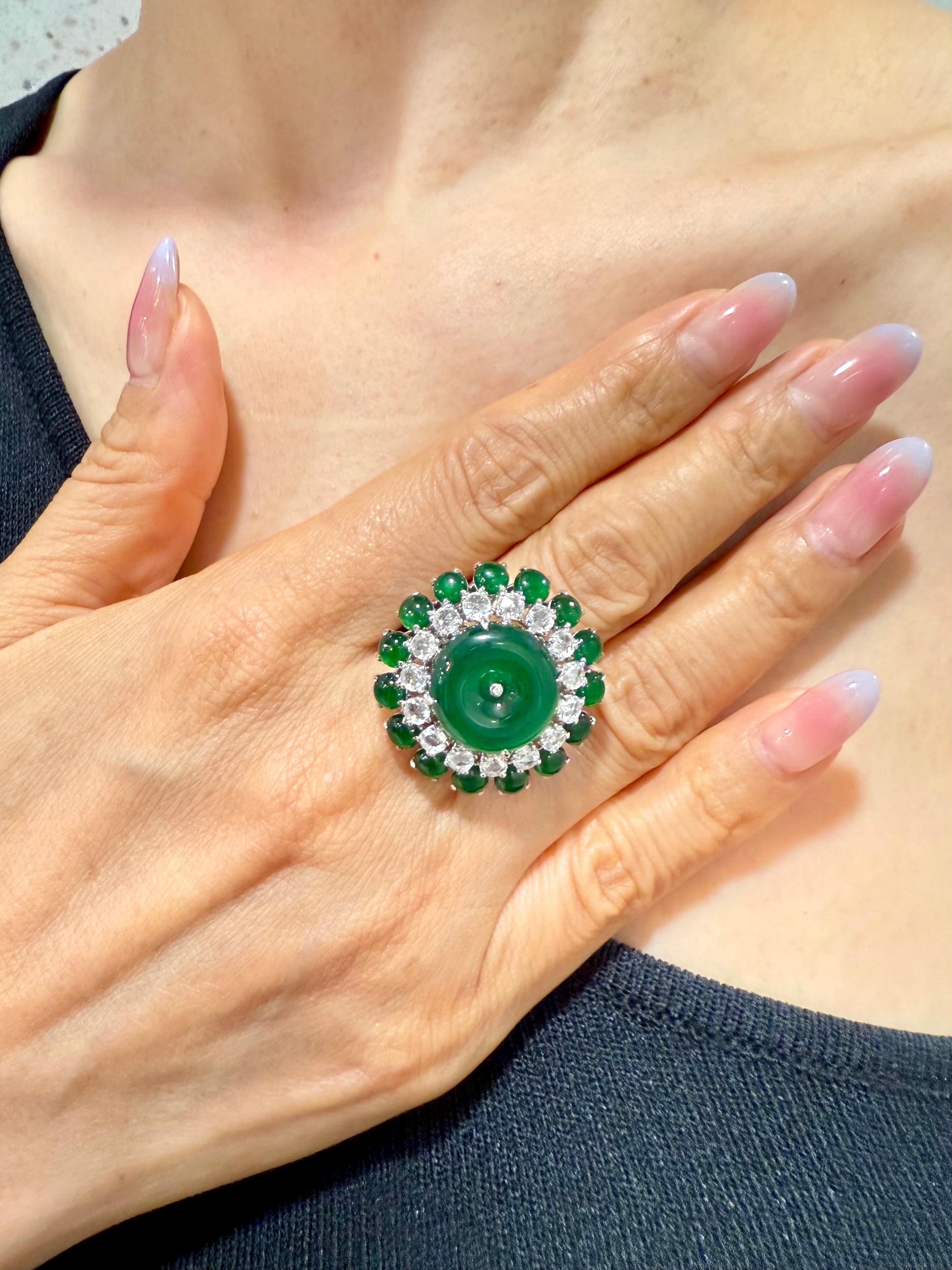 Certified Jade Rose Cut Diamond Ring & Pendant. Imperial Green Substantial Size! For Sale 8