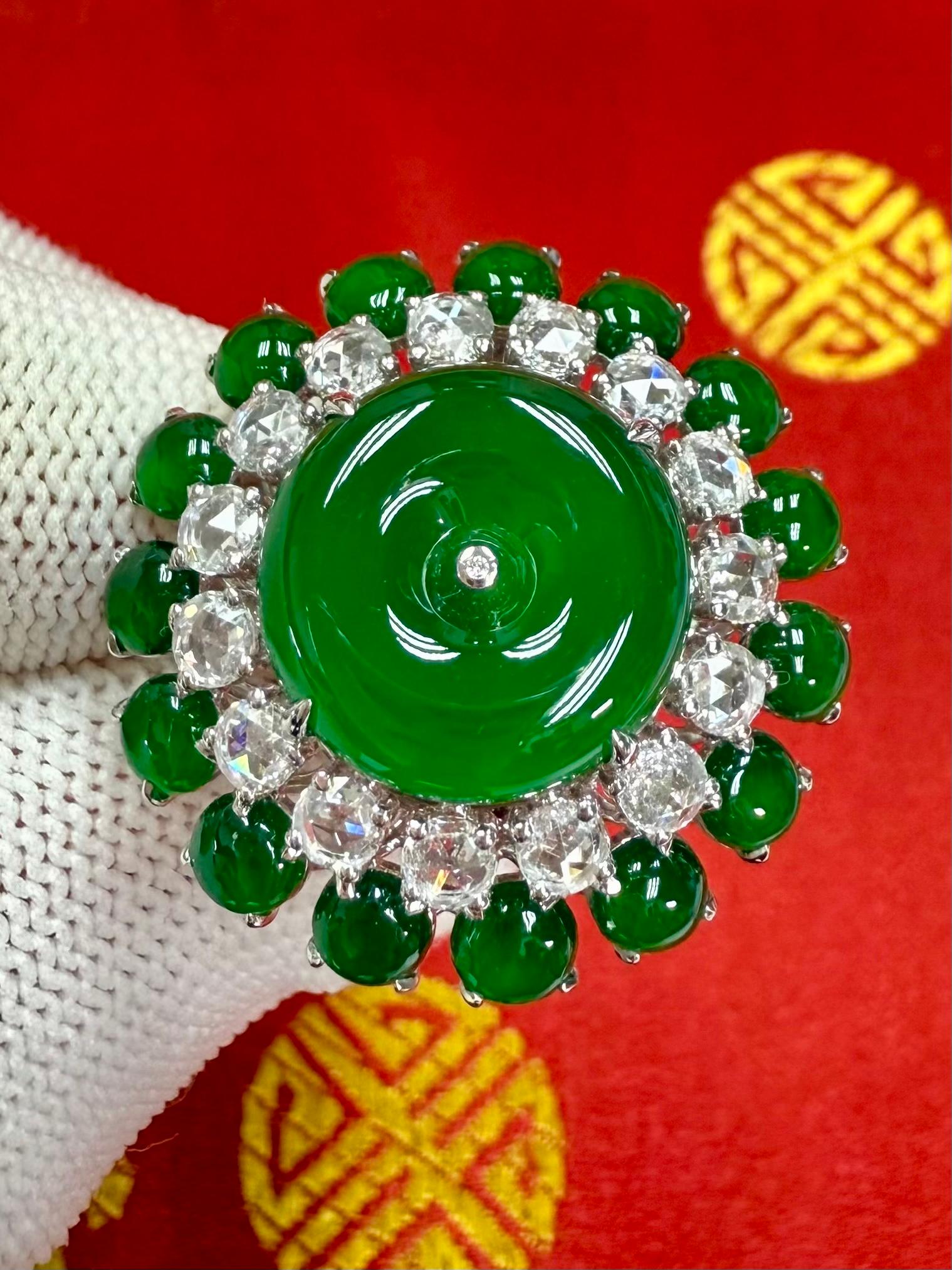 Certified Jade Rose Cut Diamond Ring & Pendant. Imperial Green Substantial Size! For Sale 9