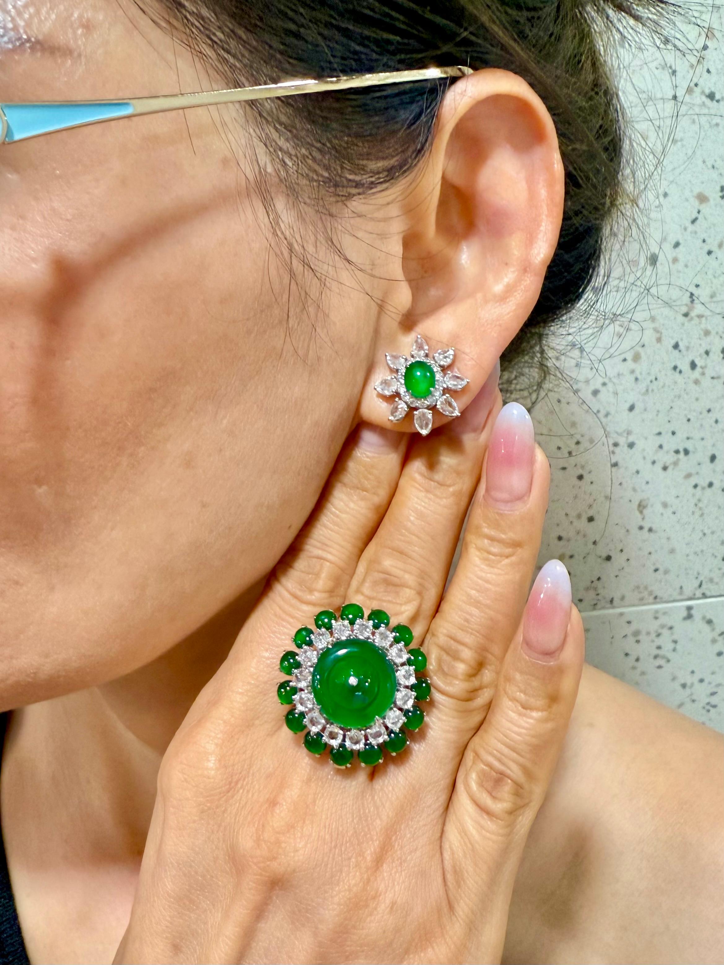 Certified Jade Rose Cut Diamond Ring & Pendant. Imperial Green Substantial Size! In New Condition For Sale In Hong Kong, HK