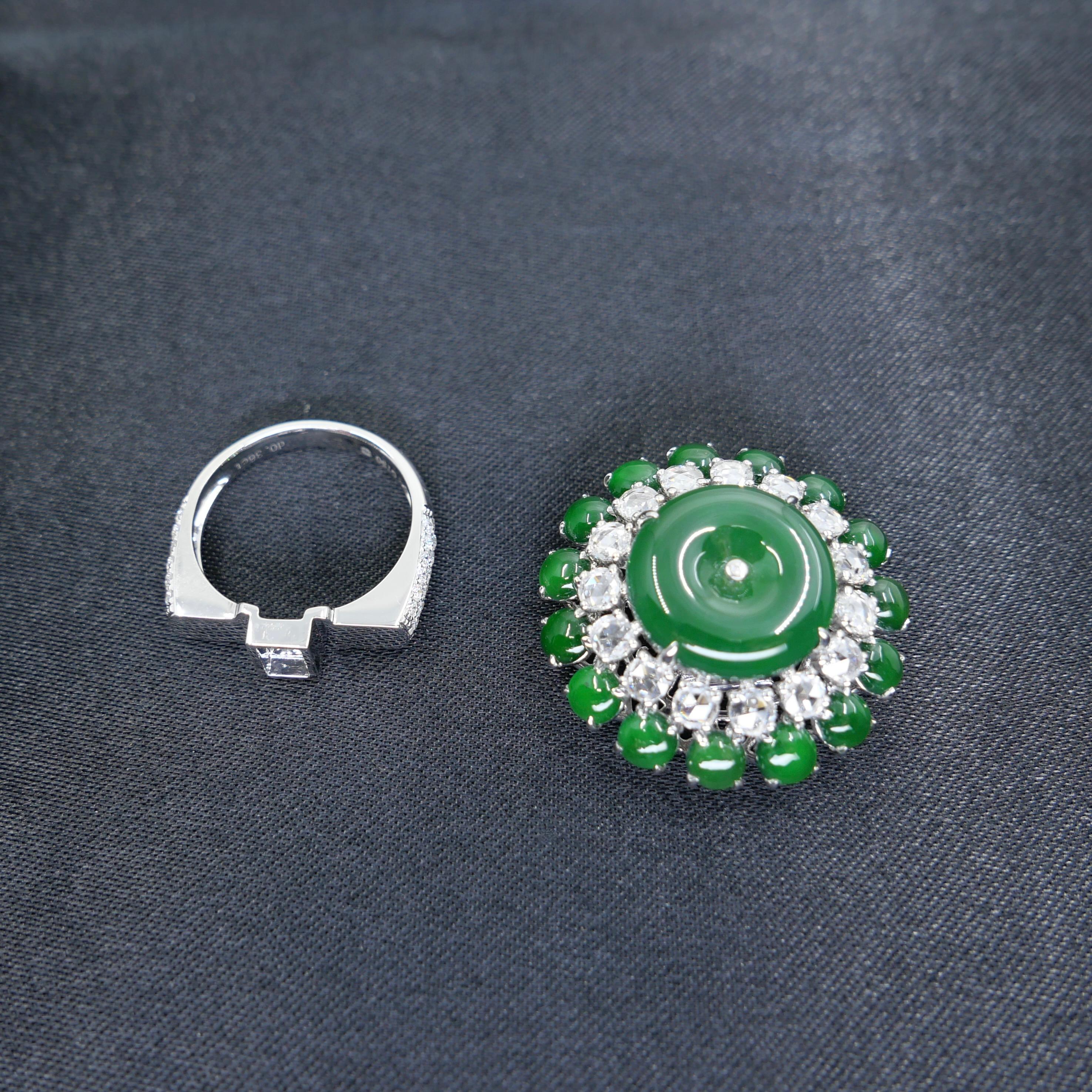Certified Jade Rose Cut Diamond Ring & Pendant. Imperial Green Substantial Size! For Sale 1